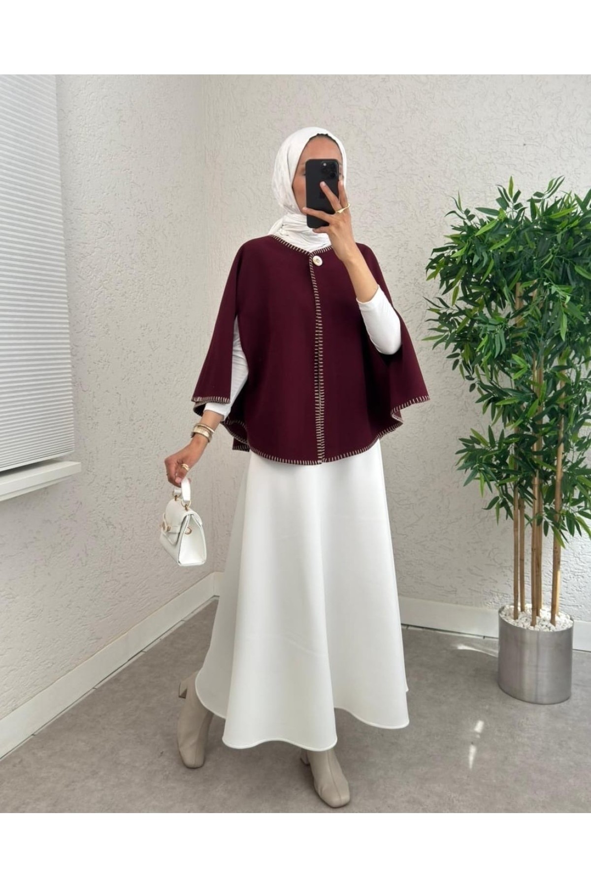 Moda Morfo Çoban Dikişli Cepli Kaşe Panço -Mürdüm