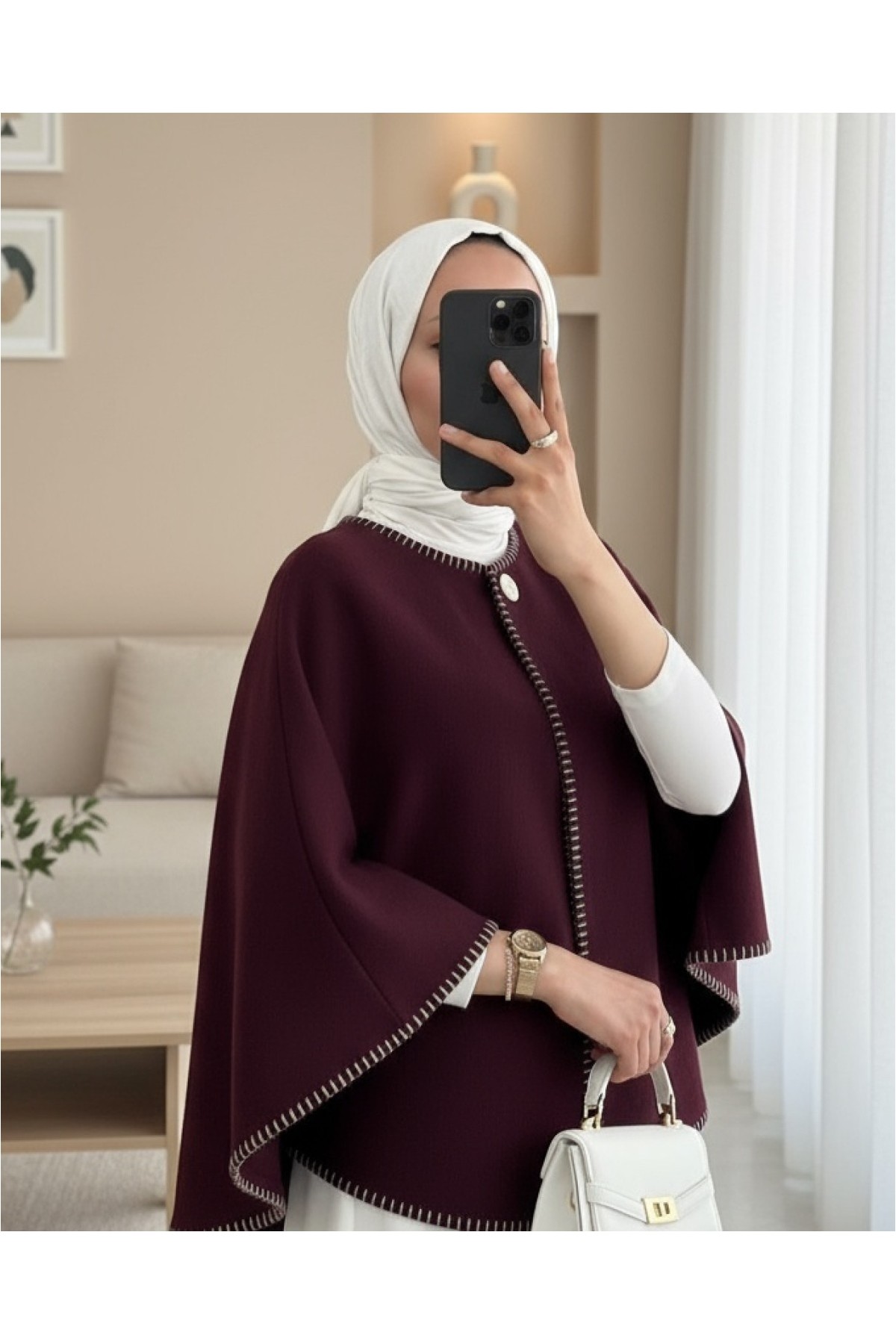 Moda Morfo Çoban Dikişli Cepli Kaşe Panço -Mürdüm görsel 2