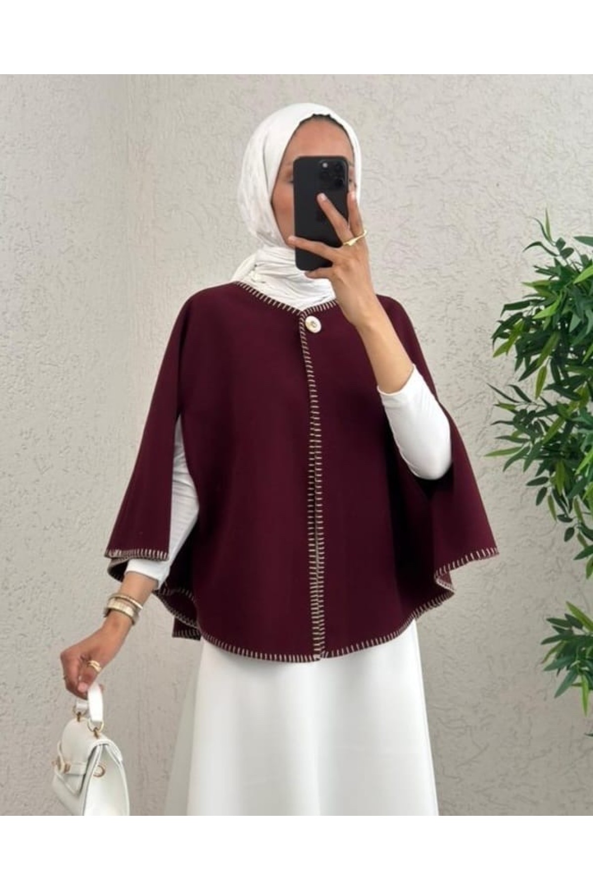Moda Morfo Çoban Dikişli Cepli Kaşe Panço -Mürdüm görsel 3
