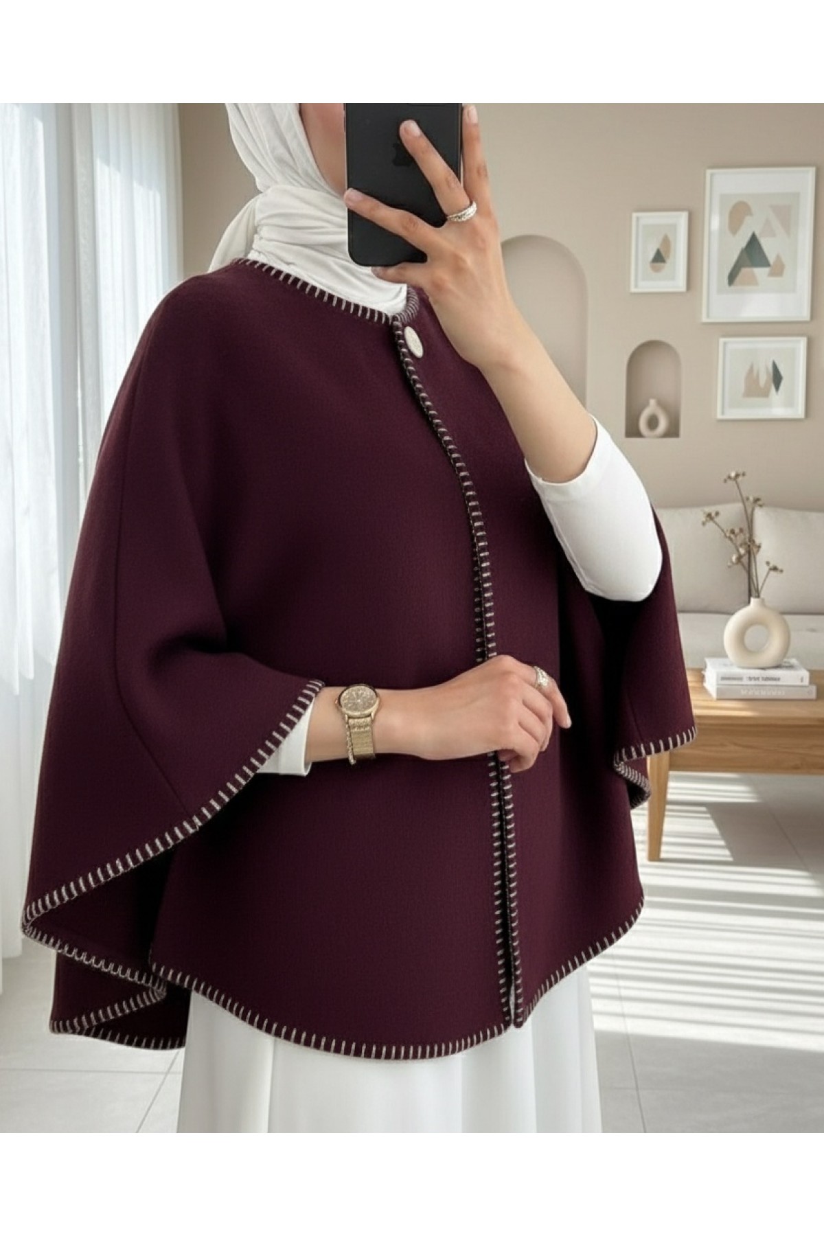 Moda Morfo Çoban Dikişli Cepli Kaşe Panço -Mürdüm görsel 4