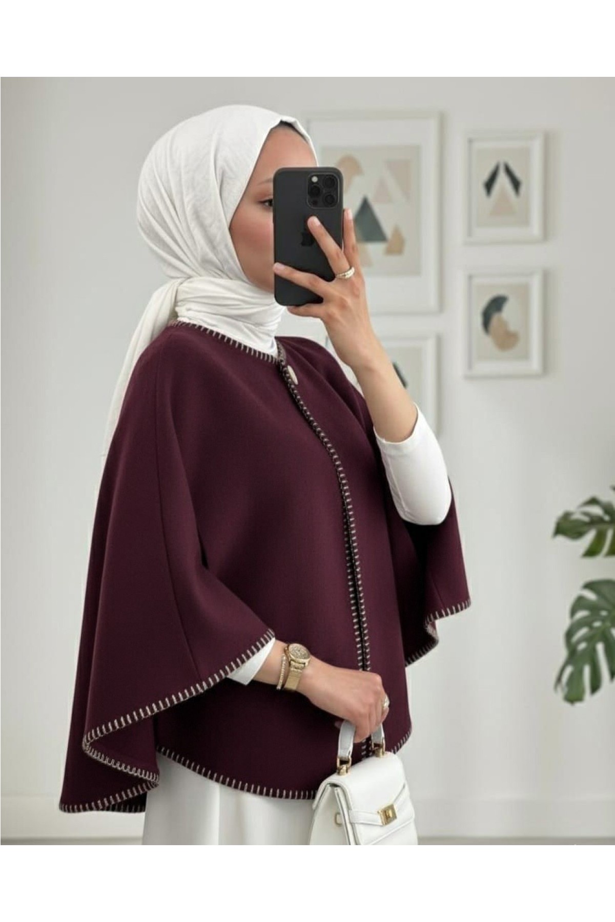 Moda Morfo Çoban Dikişli Cepli Kaşe Panço -Mürdüm görsel 5