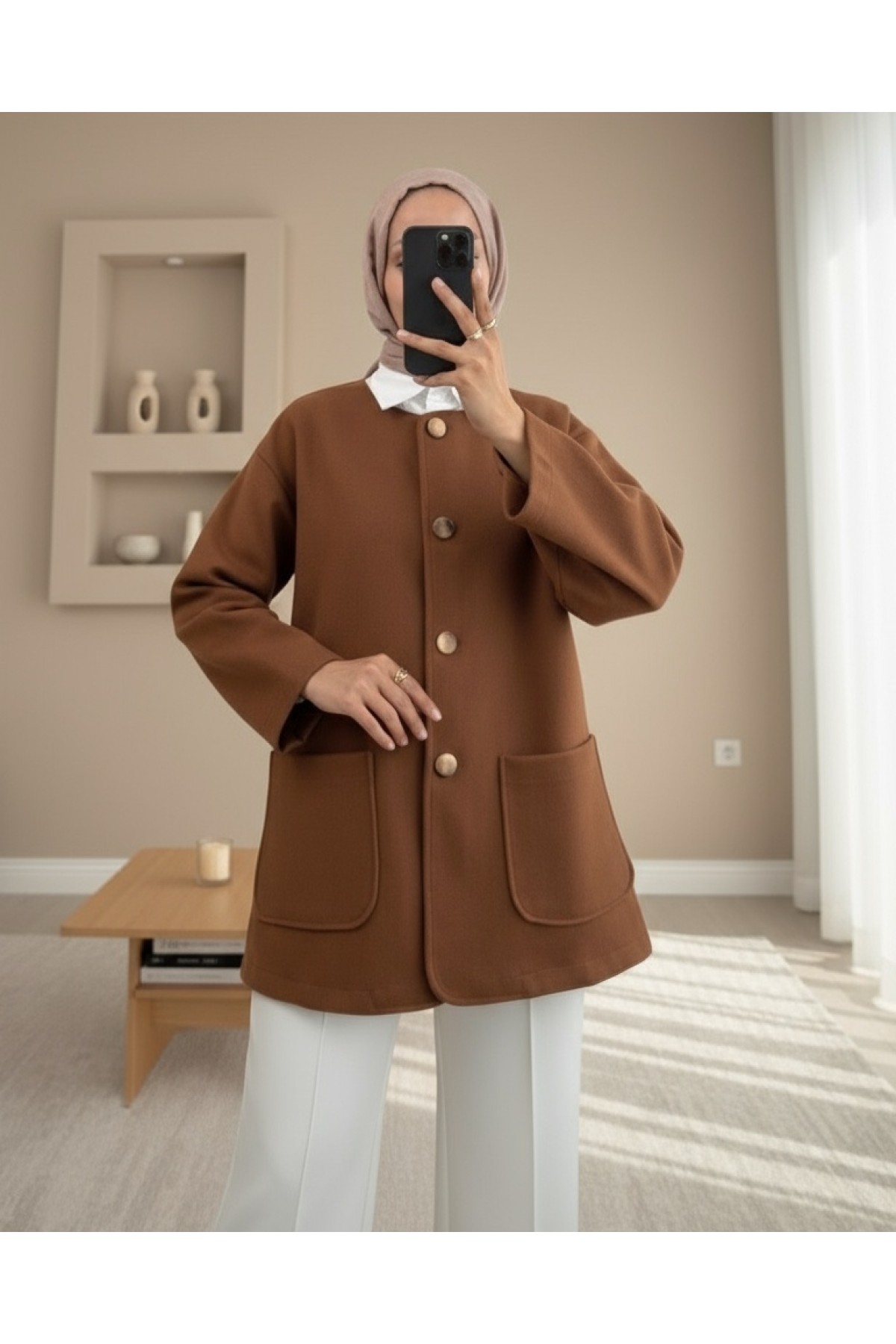 Moda Morfo Çift Cepli Önü Düğmeli Kaşe Ceket -Açık Kahve görsel 4