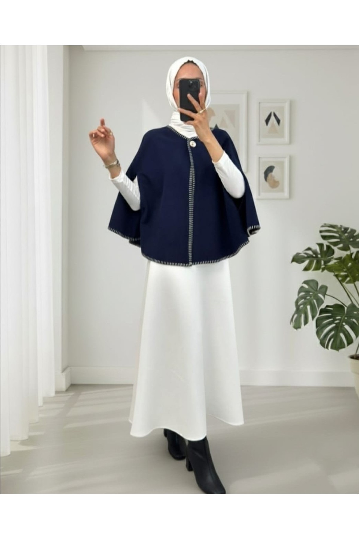 Moda Morfo Çoban Dikişli Cepli Kaşe Panço -Mürdüm