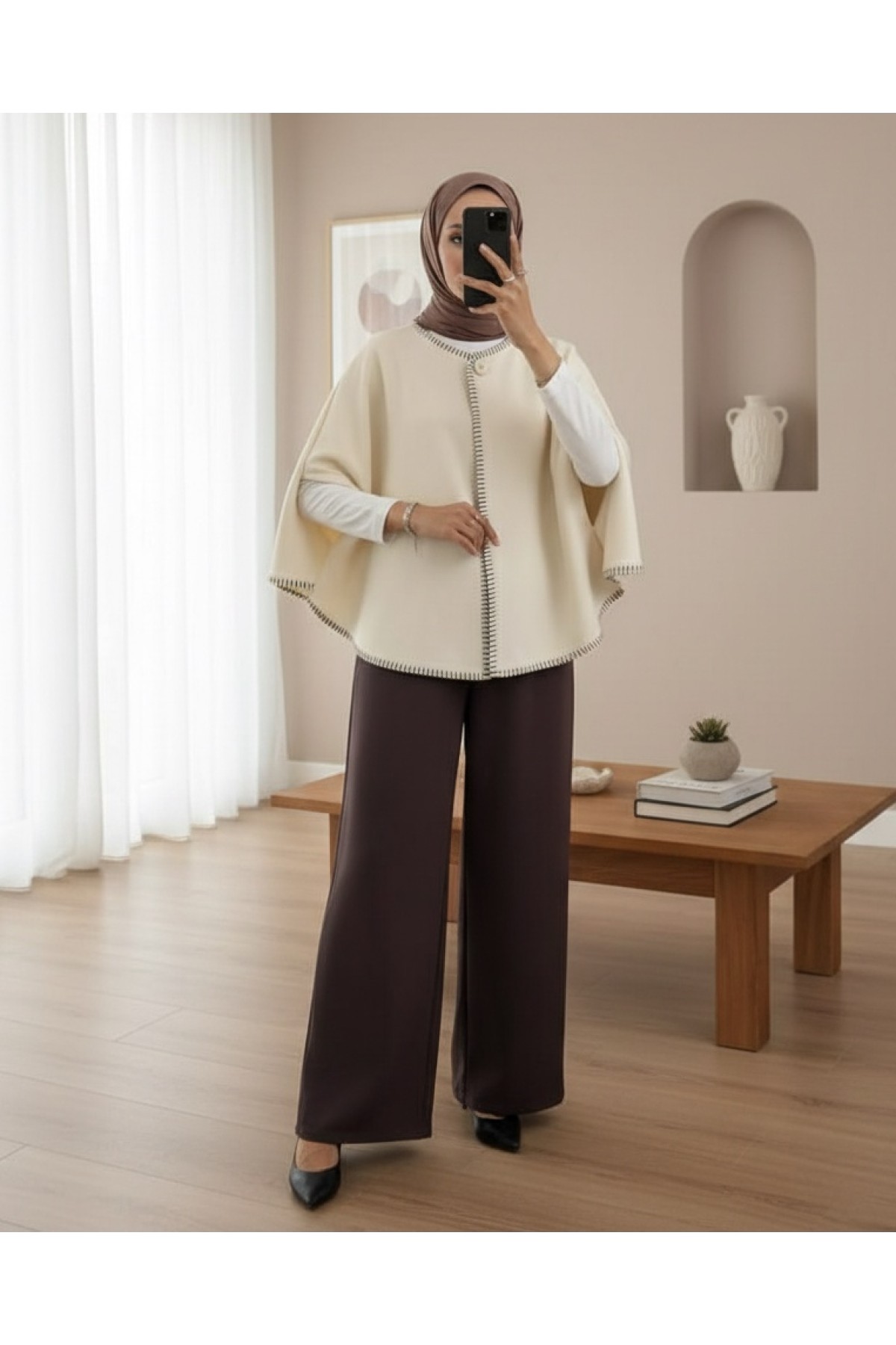 Moda Morfo Çoban Dikişli Cepli Kaşe Panço -Mürdüm