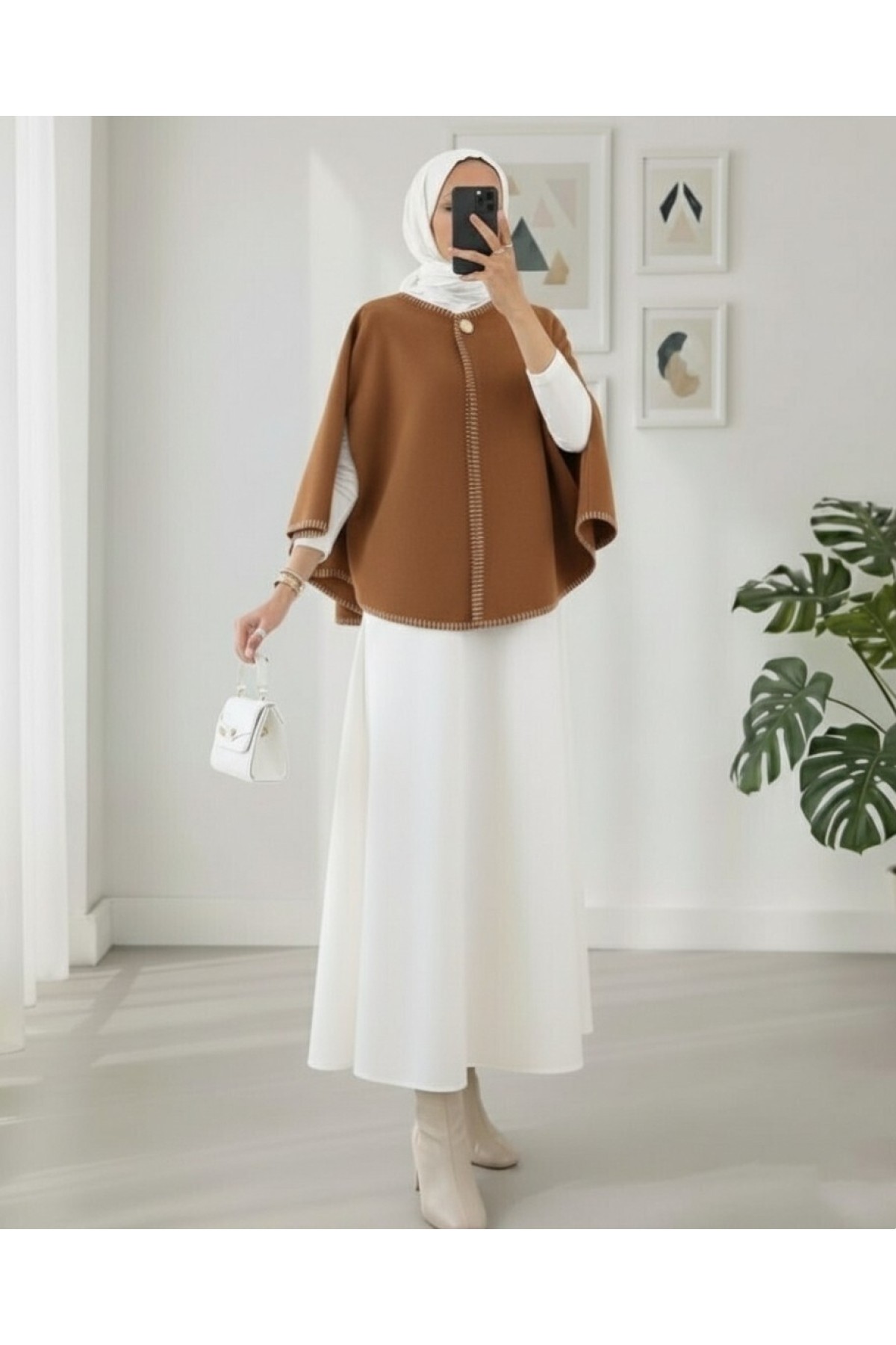 Moda Morfo Çoban Dikişli Cepli Kaşe Panço -Mürdüm