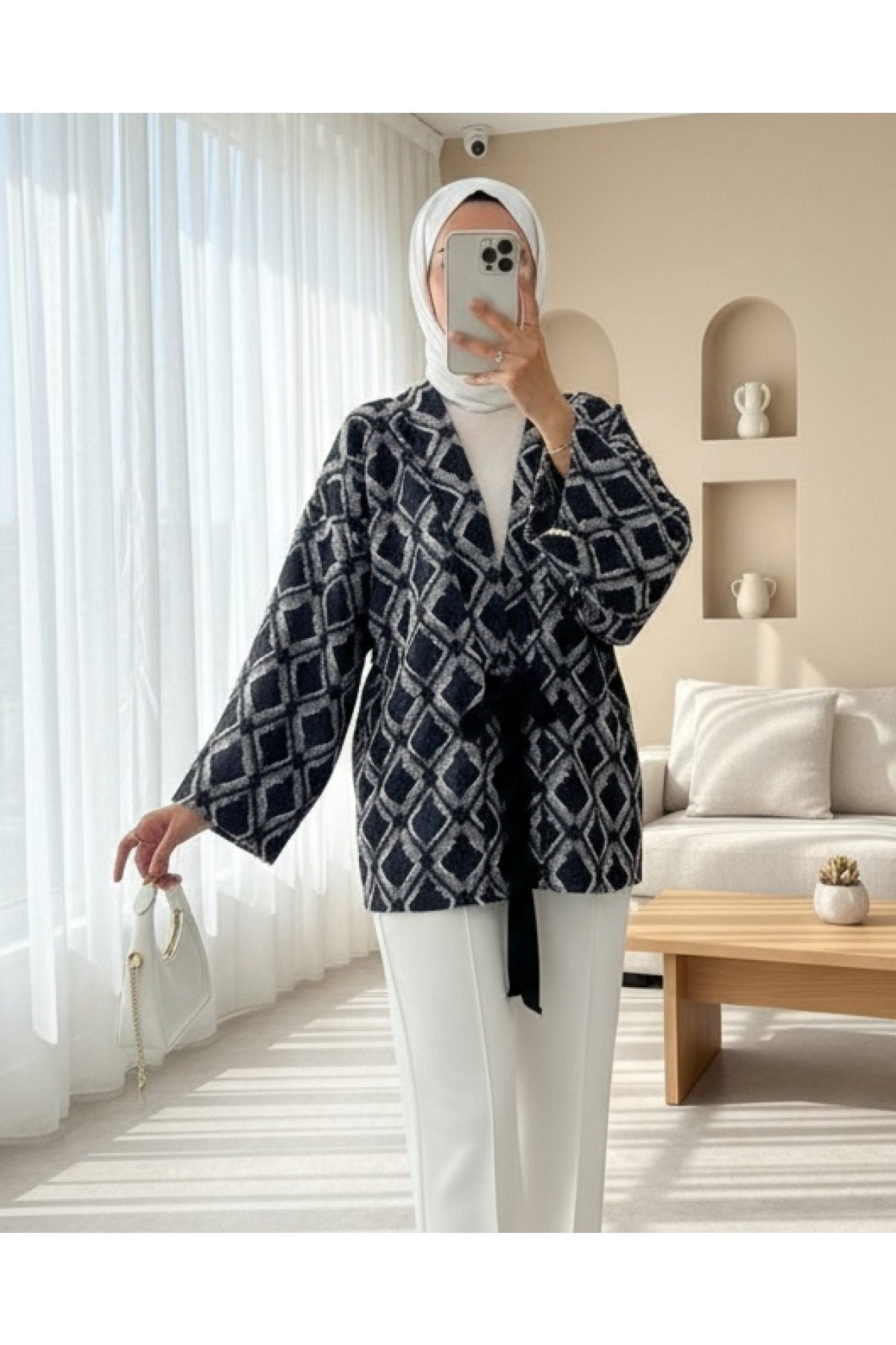 Moda Morfo Beli Bağlamalı Kare Desen Saçaklı Kimono -K.Laci