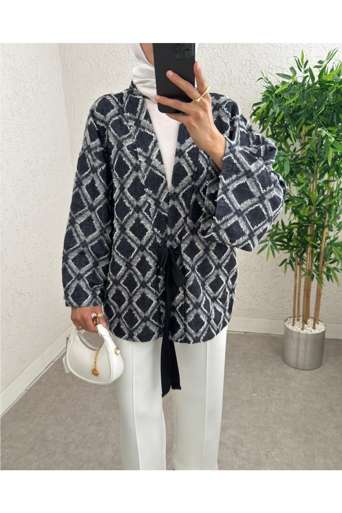 Moda Morfo Beli Bağlamalı Kare Desen Saçaklı Kimono -K.Laci görsel 4