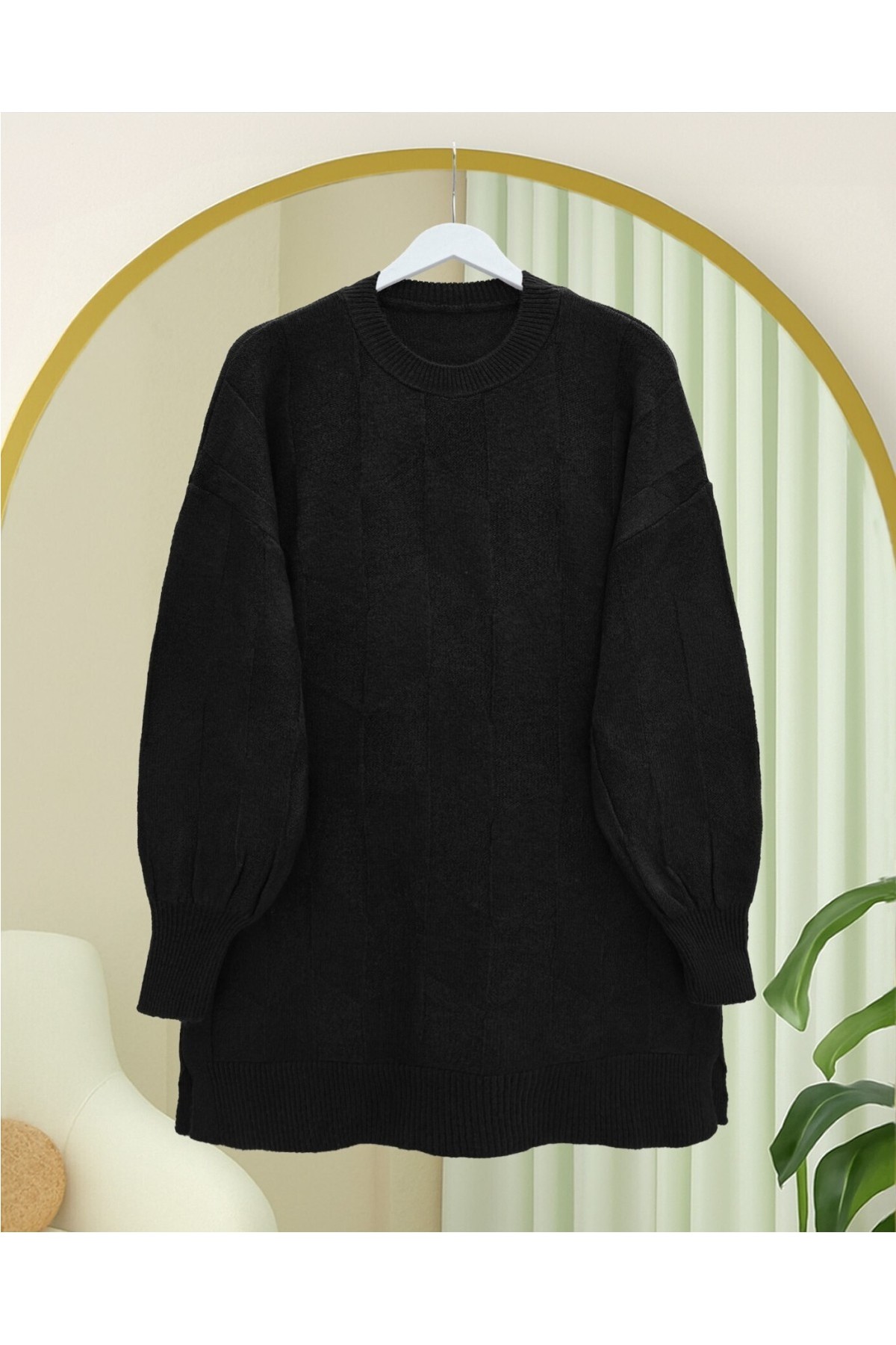 Moda Morfo Yuvarlak Yaka Salaş Desenli Triko Kazak -Açık Vizon