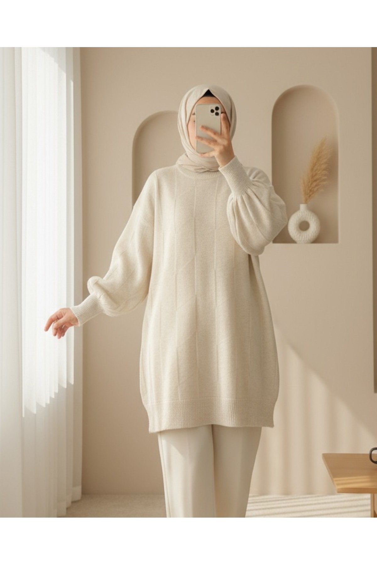Moda Morfo Yuvarlak Yaka Salaş Desenli Triko Kazak -Açık Vizon görsel 5