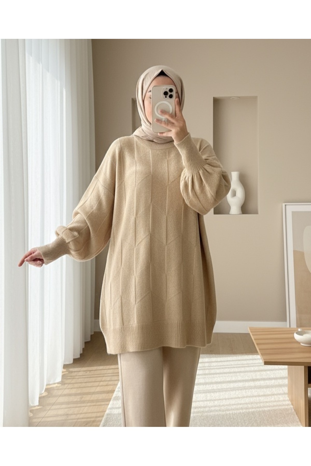 Moda Morfo Yuvarlak Yaka Salaş Desenli Triko Kazak -Açık Vizon