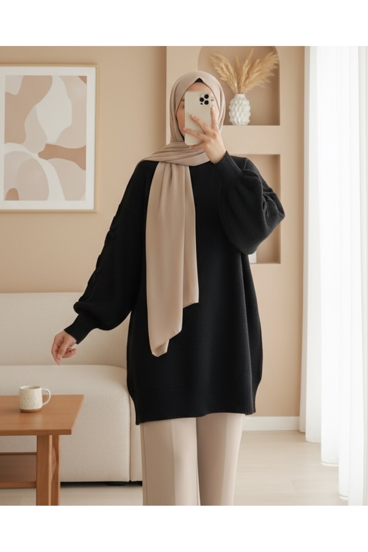 Moda Morfo Kolu Çiçek Detaylı Yuvarlak Yaka Yumoş Triko Kazak -Ekru görsel 5