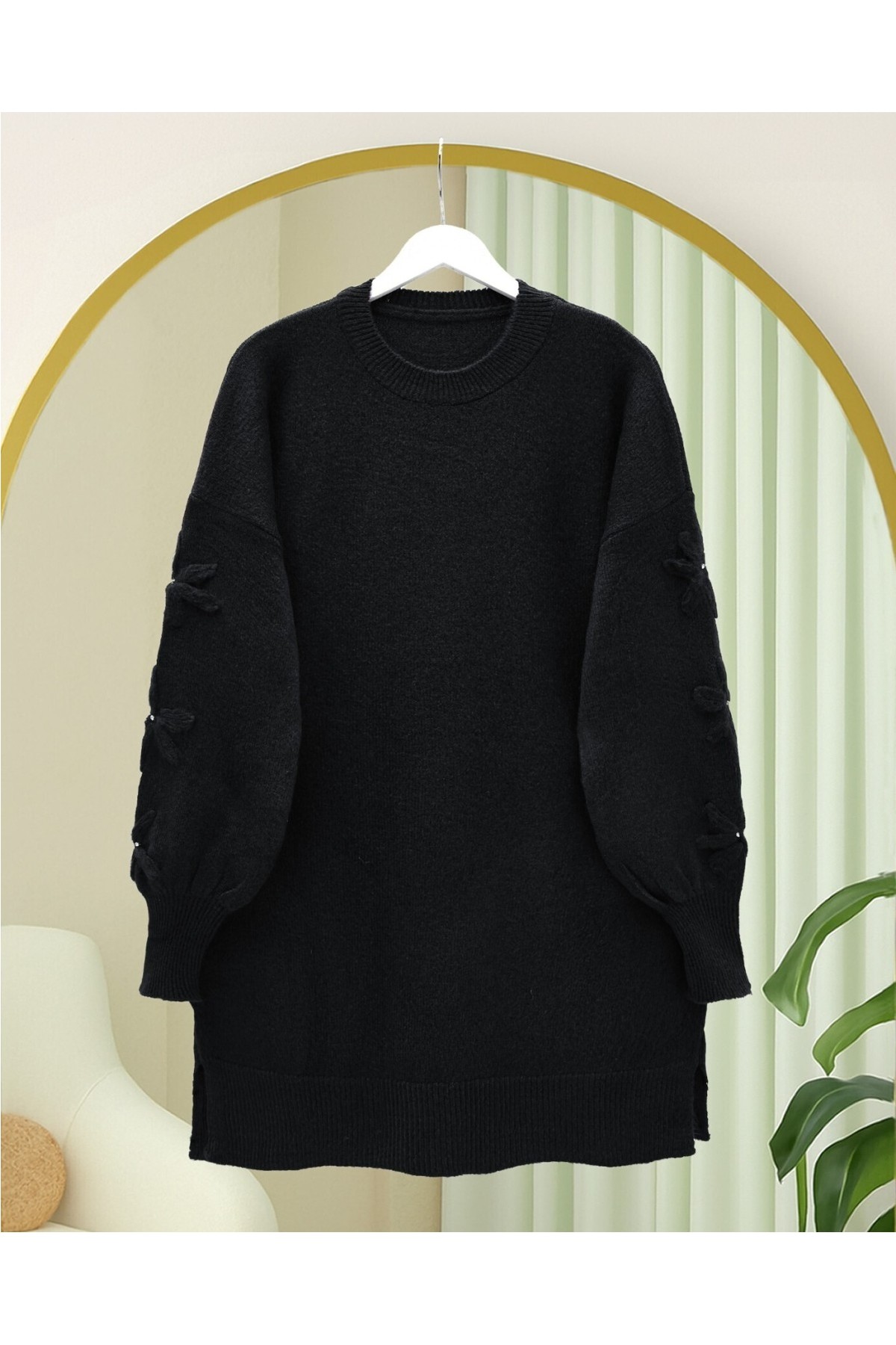 Moda Morfo Kolu Çiçek Detaylı Yuvarlak Yaka Yumoş Triko Kazak -Ekru görsel 6
