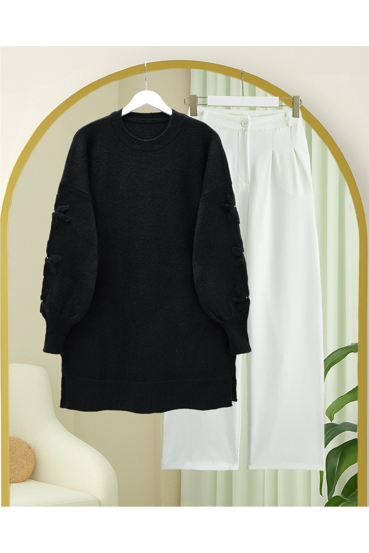 Moda Morfo Kolu Çiçek Detaylı Yuvarlak Yaka Yumoş Triko Kazak -Ekru görsel 7