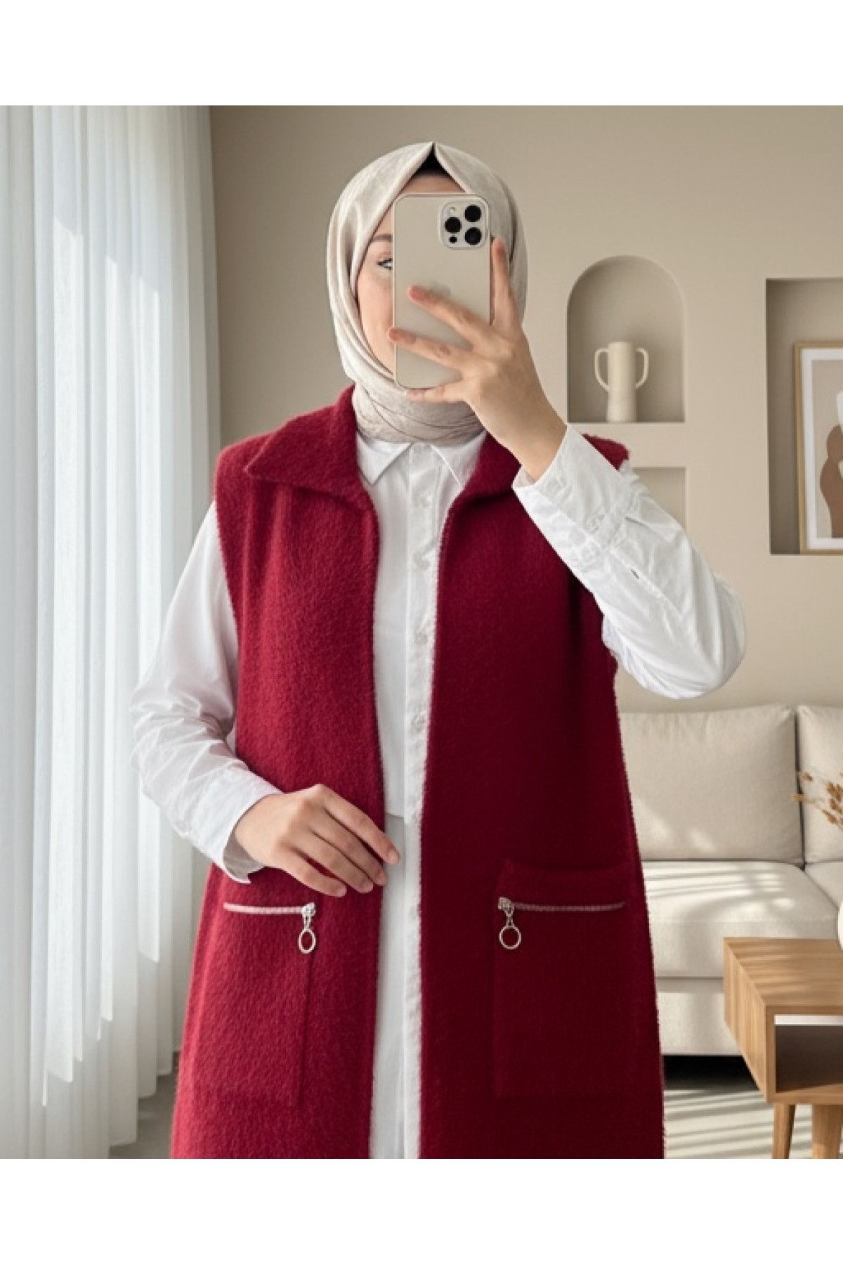 Moda Morfo Önü Fermuarlı Torba Cepli Sakallı Yelek -Kırmızı