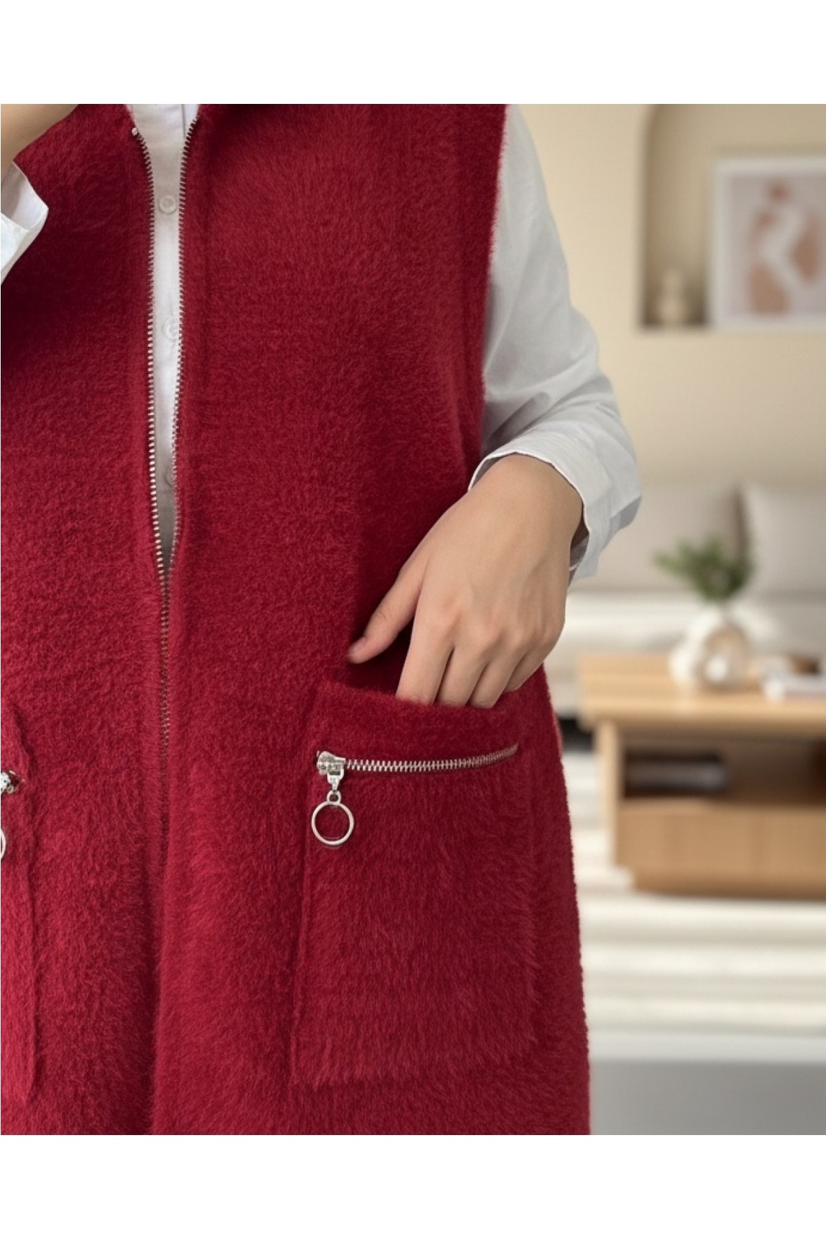 Moda Morfo Önü Fermuarlı Torba Cepli Sakallı Yelek -Kırmızı görsel 2
