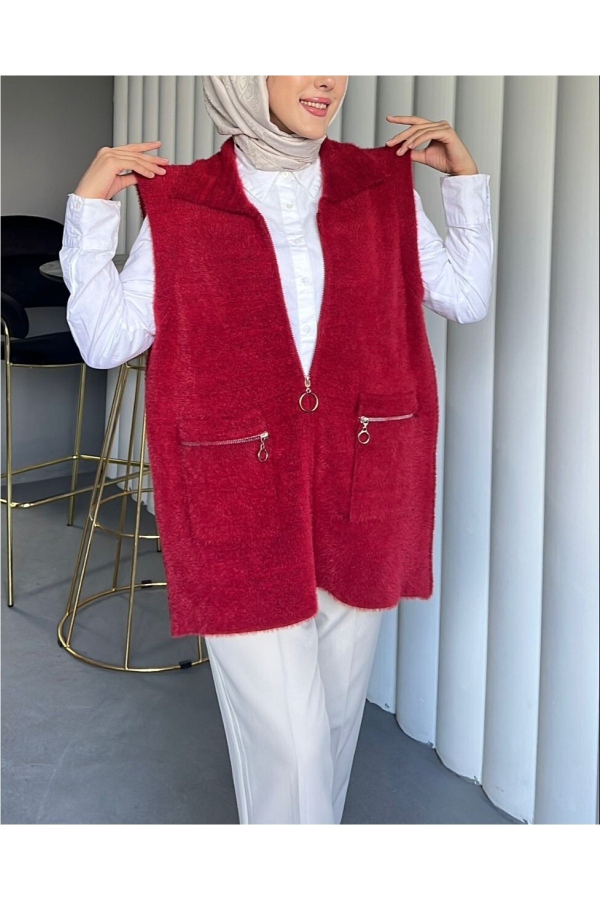 Moda Morfo Önü Fermuarlı Torba Cepli Sakallı Yelek -Kırmızı görsel 4
