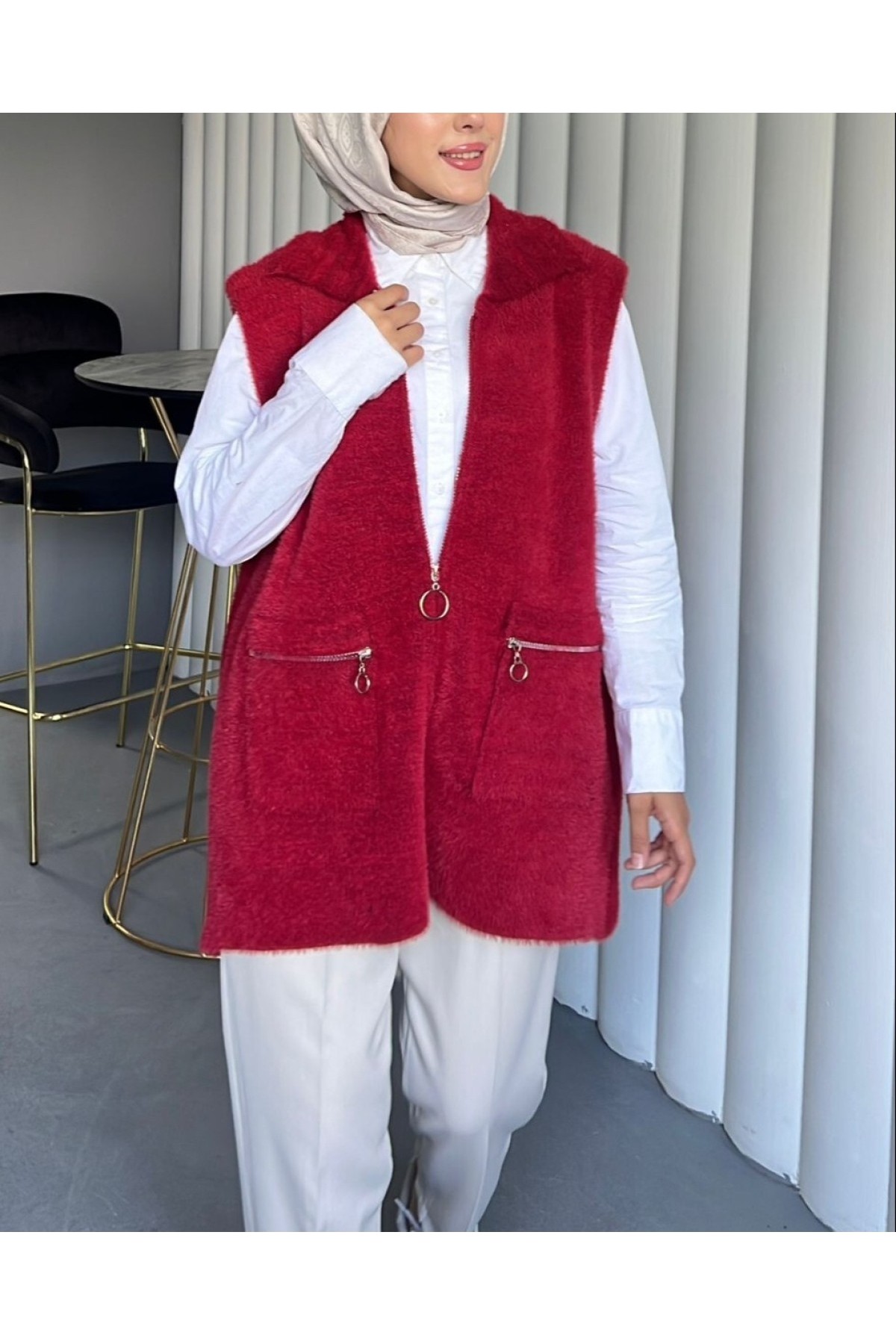 Moda Morfo Önü Fermuarlı Torba Cepli Sakallı Yelek -Kırmızı görsel 5
