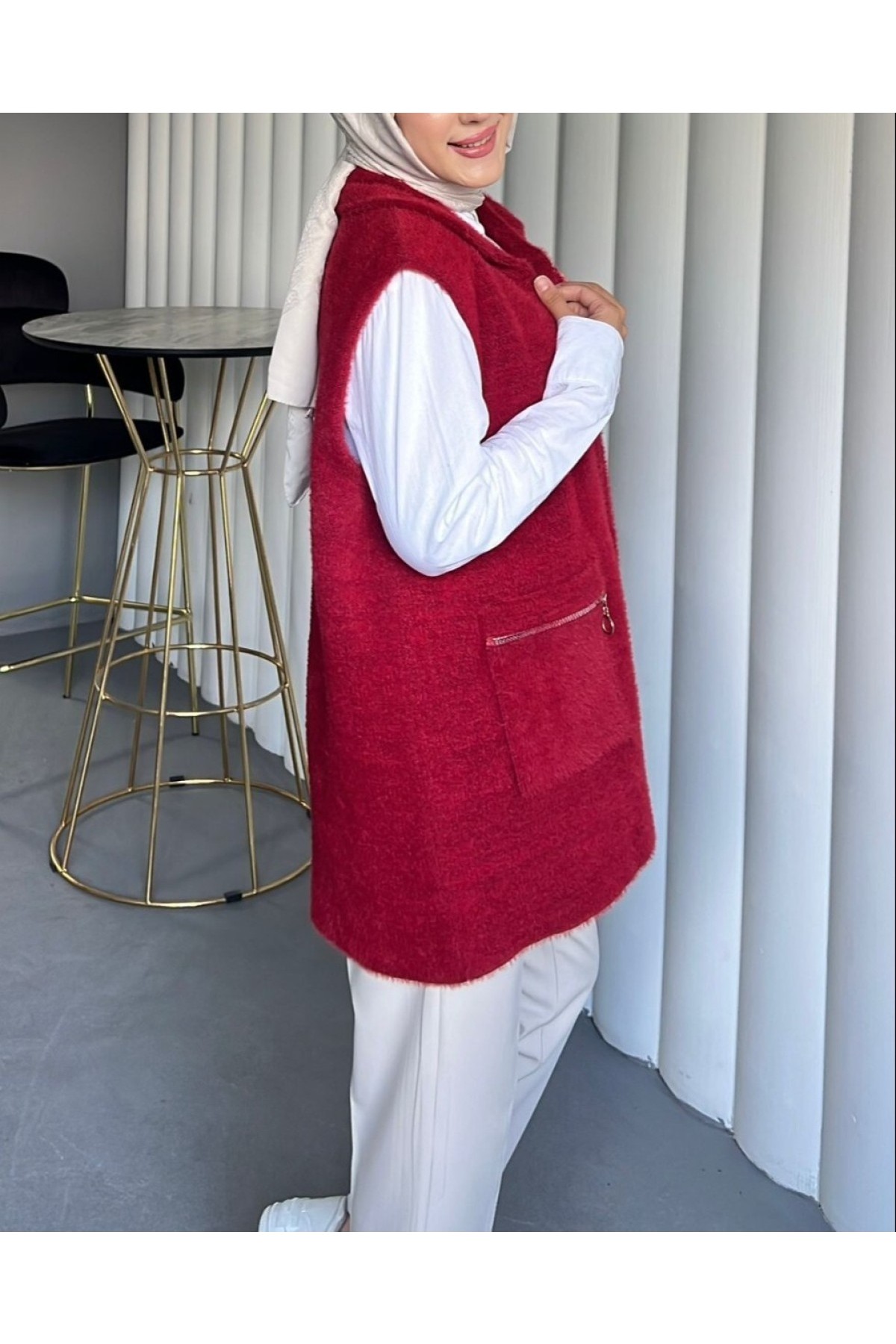 Moda Morfo Önü Fermuarlı Torba Cepli Sakallı Yelek -Kırmızı görsel 6