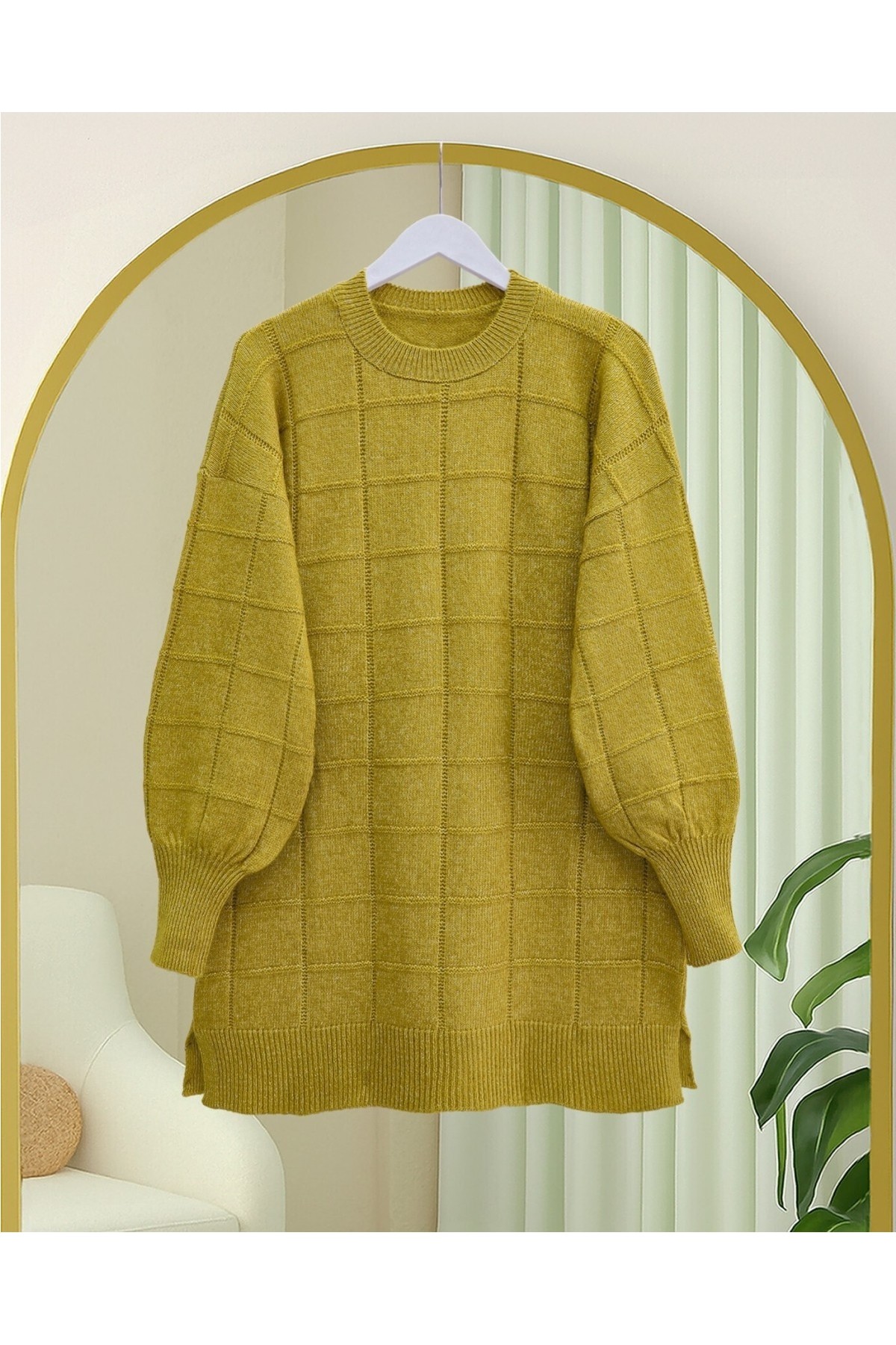 Moda Morfo Kare Desenli Yırtmaçlı Yumoş Triko Tunik -Ekru görsel 7