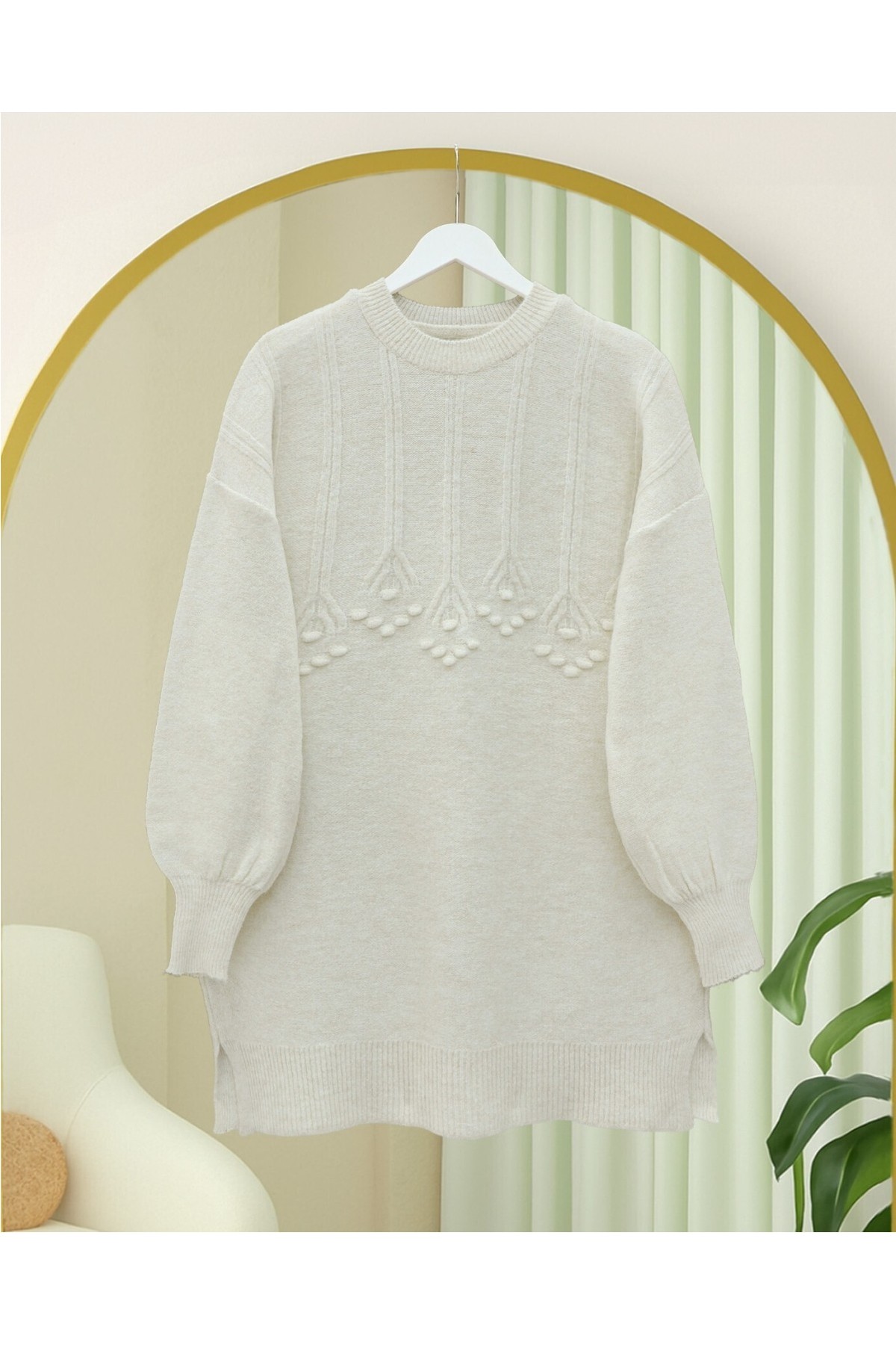 Moda Morfo Şerit Ve Ponpon Detaylı Yuvarlak Yaka Yumoş Triko Tunik -Ekru