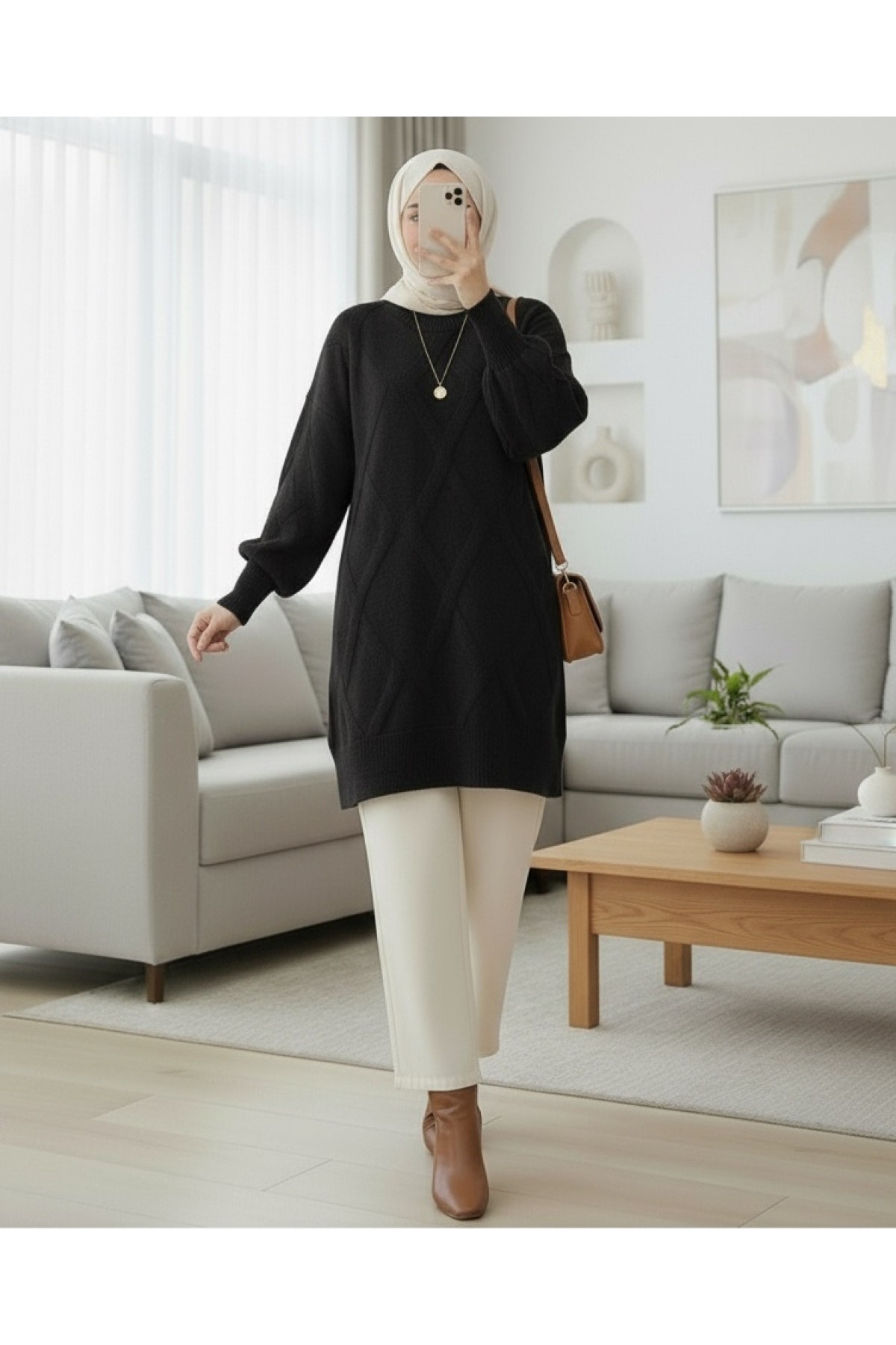 Moda Morfo Baklava Desenli Yumoş Triko Tunik -Gri görsel 6