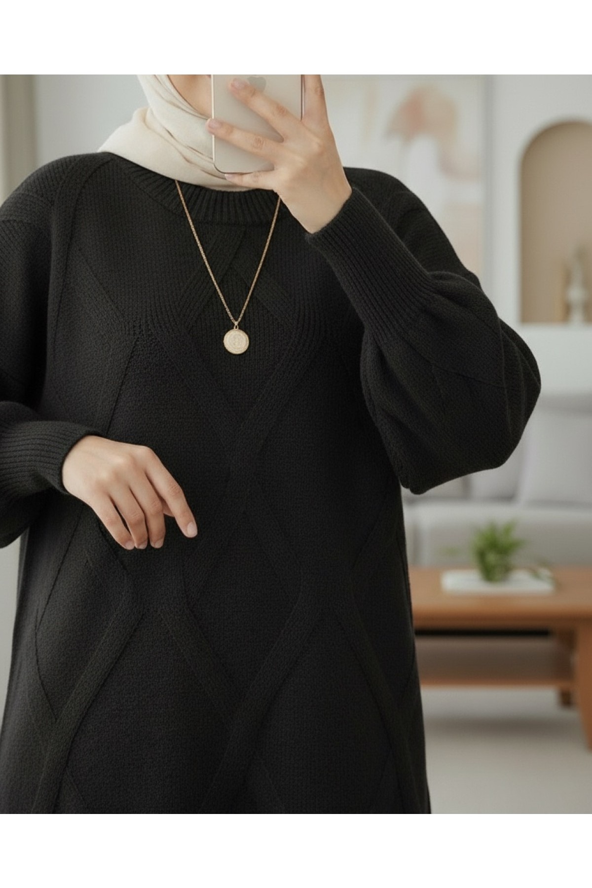 Moda Morfo Baklava Desenli Yumoş Triko Tunik -Gri görsel 7