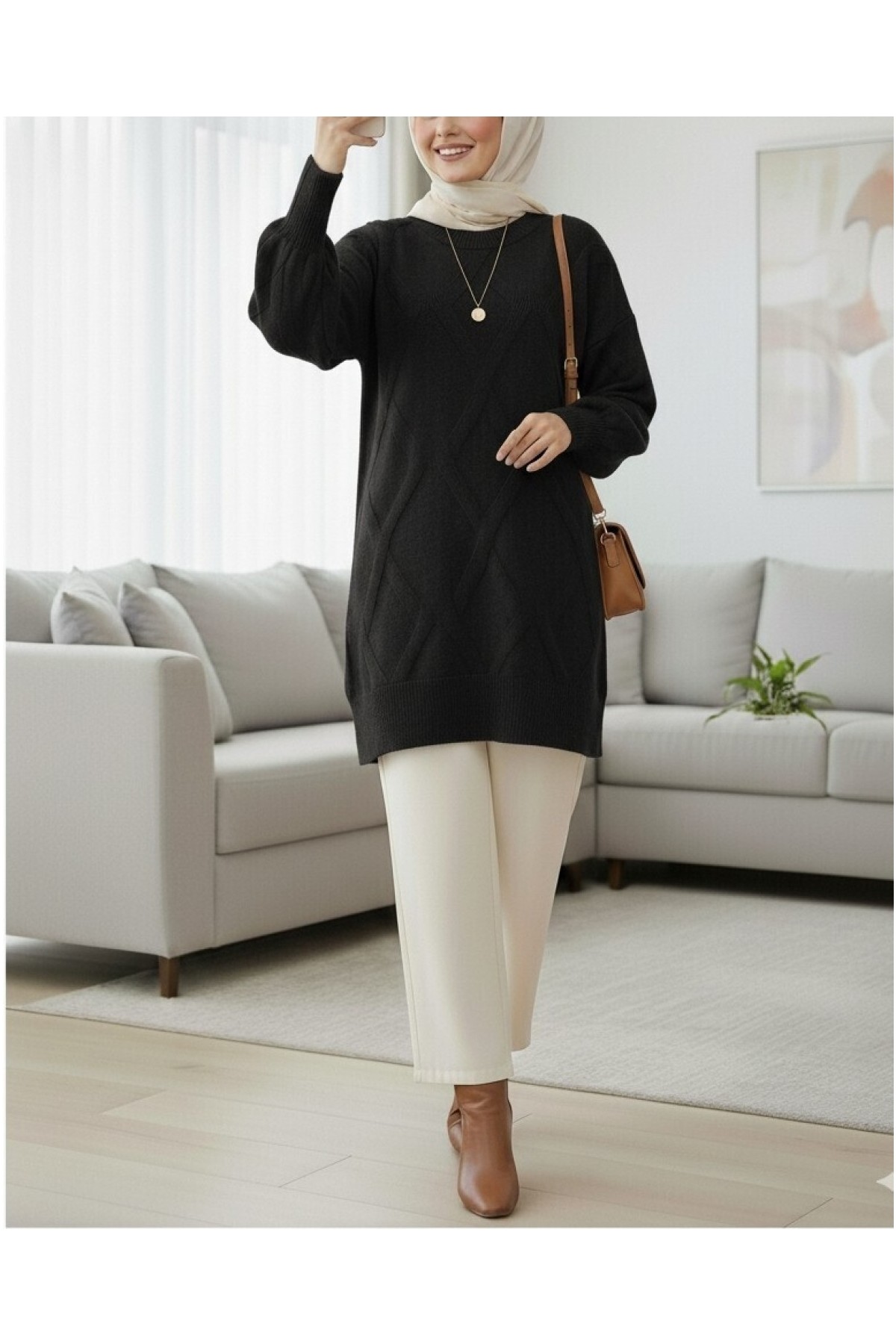 Moda Morfo Baklava Desenli Yumoş Triko Tunik -Gri görsel 8