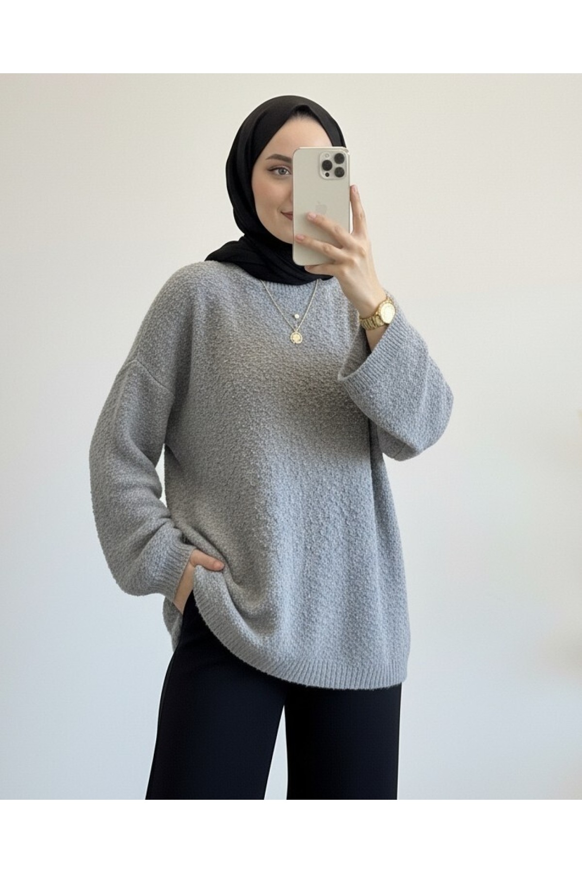 Moda Morfo Ponpon Dokulu Salaş Triko Kazak -Siyah görsel 8