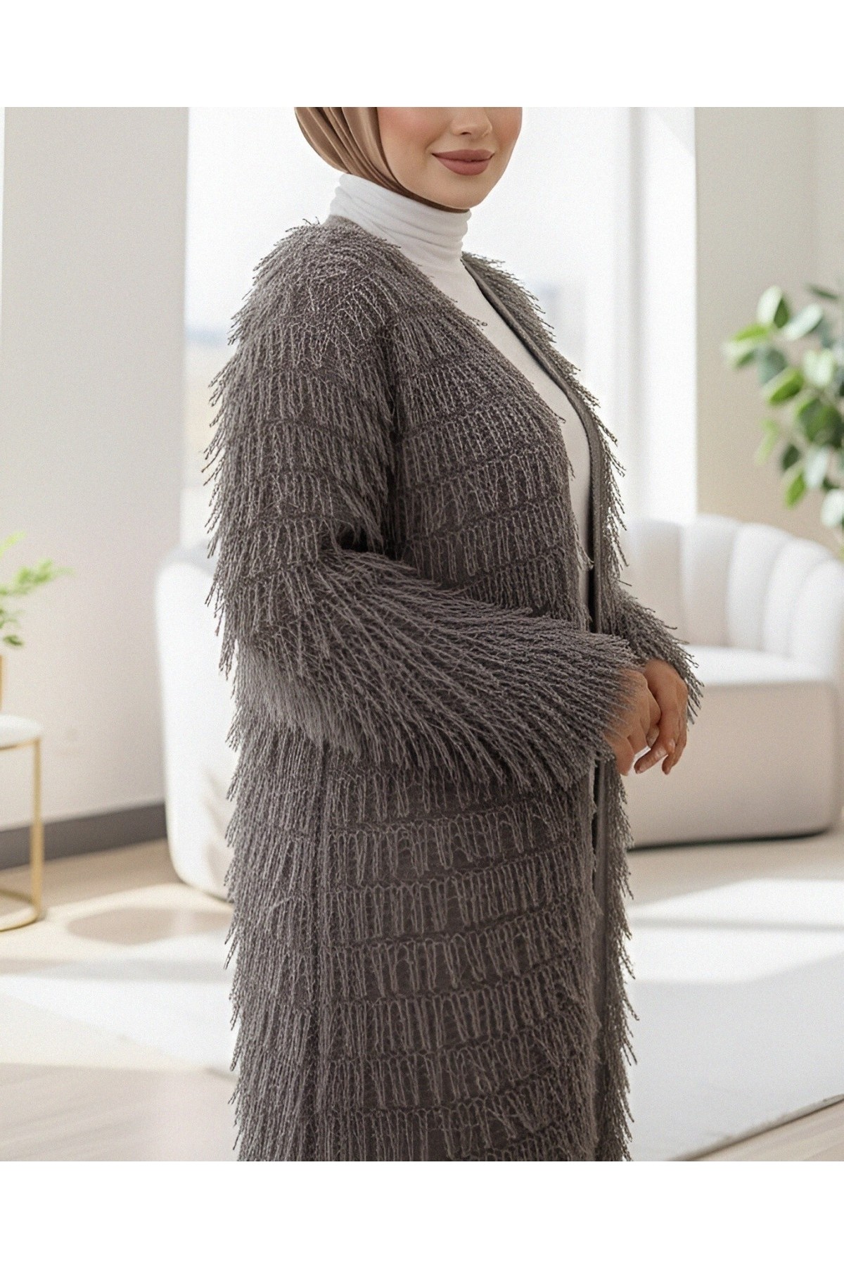 Moda Morfo Saçaklı Uzun Triko Hırka -Toprak görsel 2