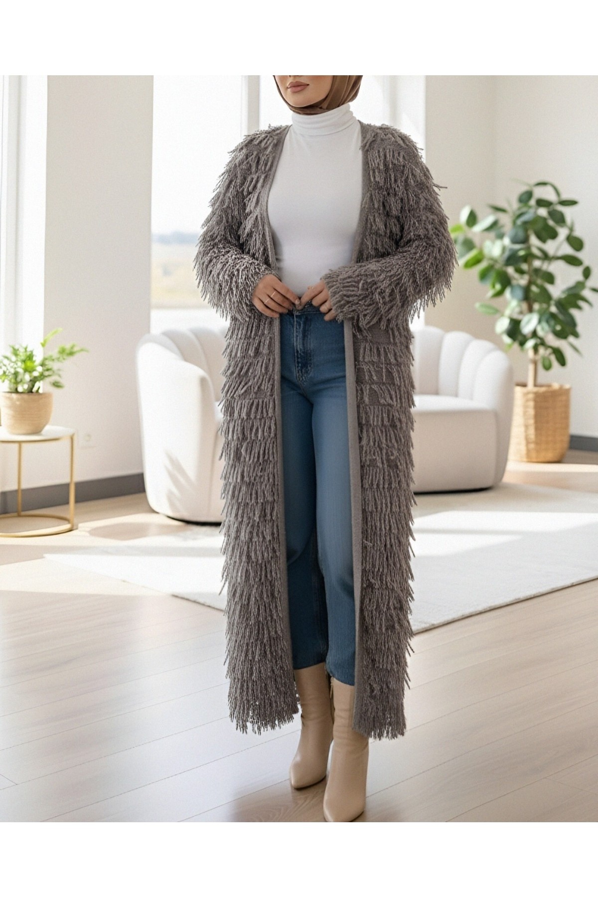Moda Morfo Saçaklı Uzun Triko Hırka -Toprak görsel 3