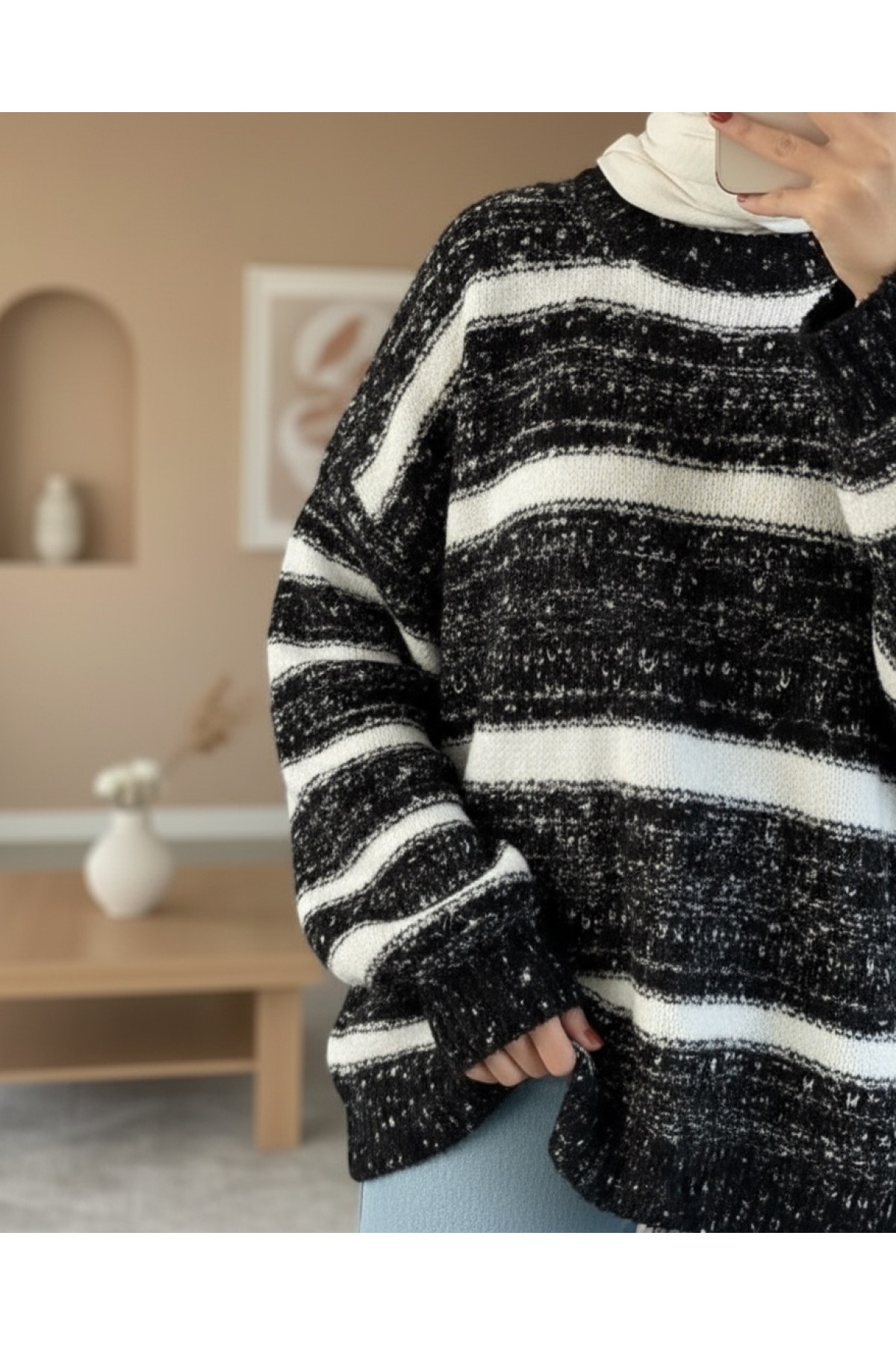 Moda Morfo Kalın Çizgi Desenli Örme Triko Kazak -Siyah
