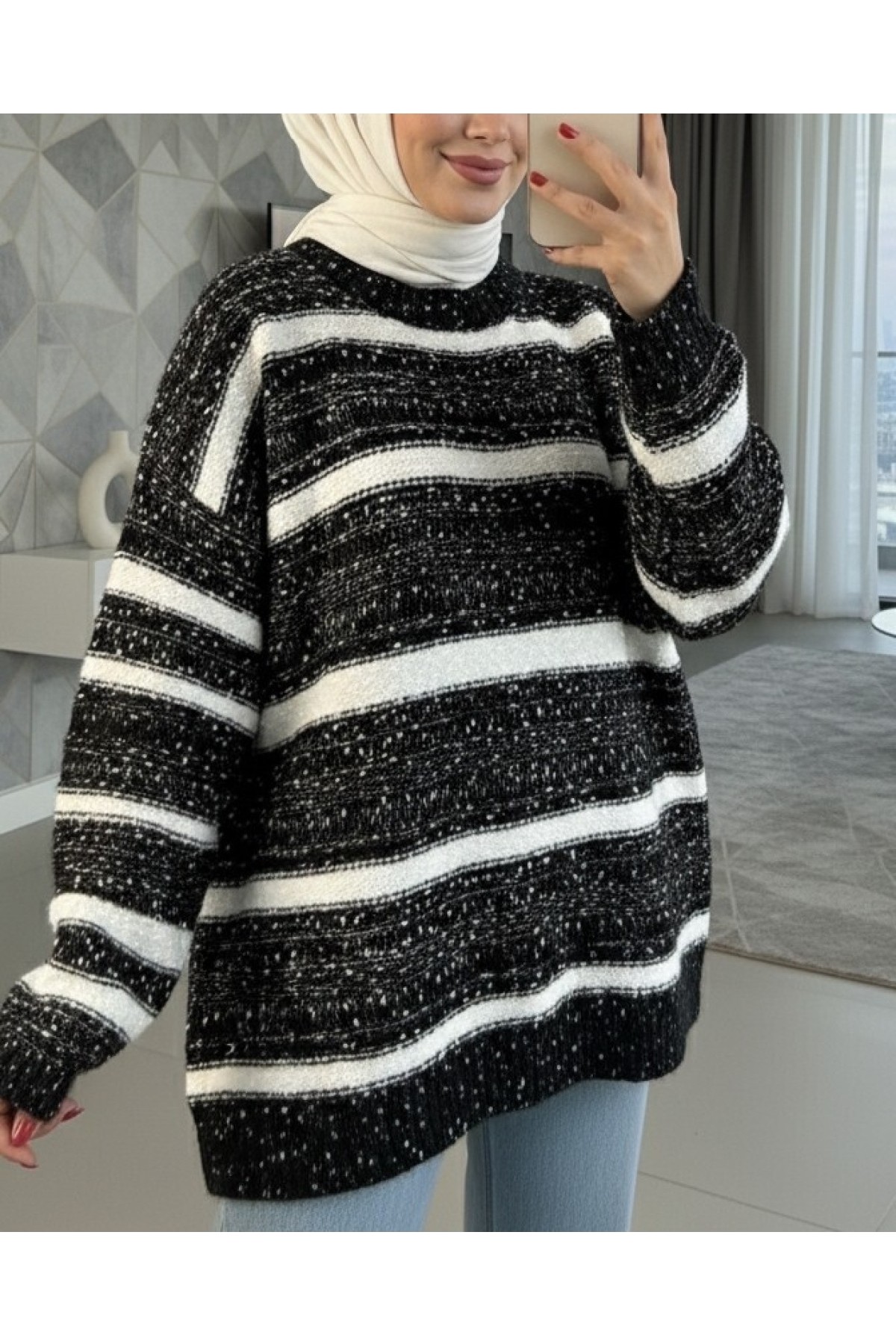 Moda Morfo Kalın Çizgi Desenli Örme Triko Kazak -Siyah görsel 3