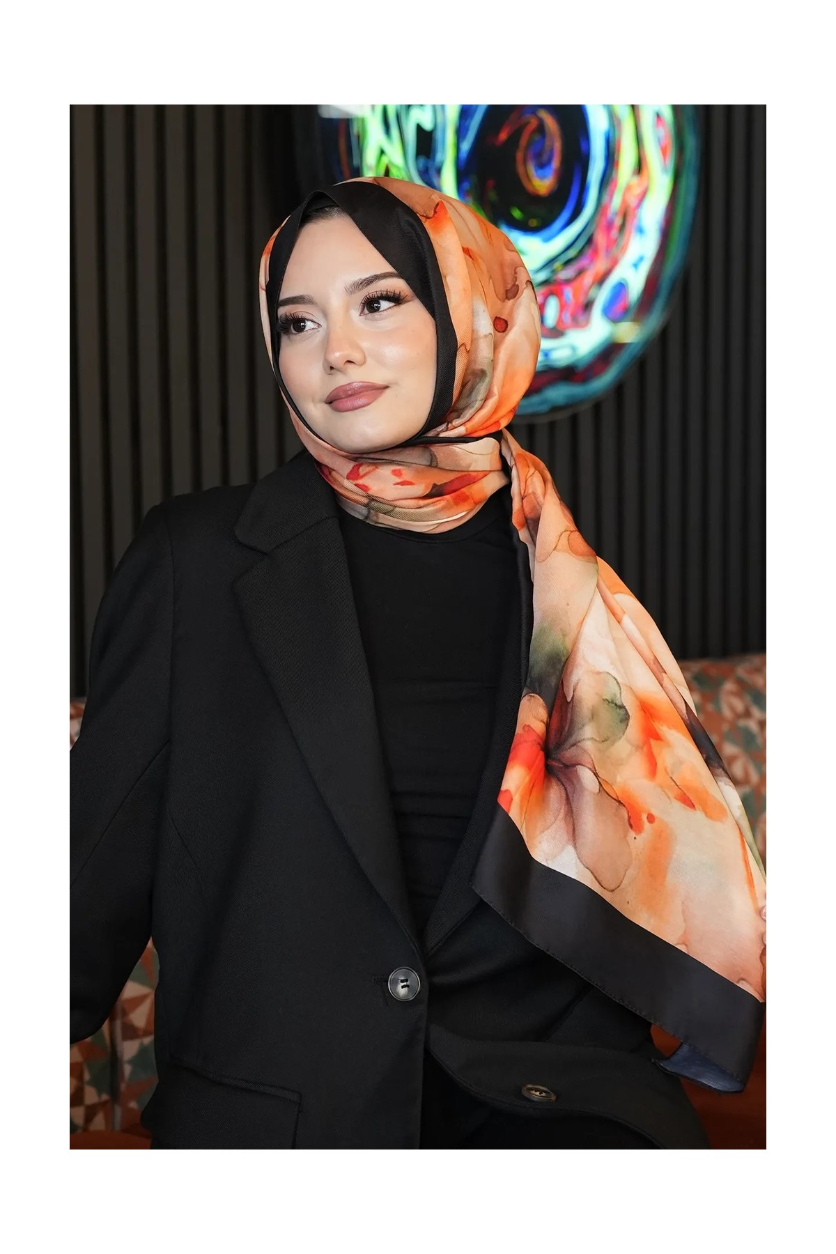 Afvente Sulu Boya Desen Turuncu Soft Pamuk Şal