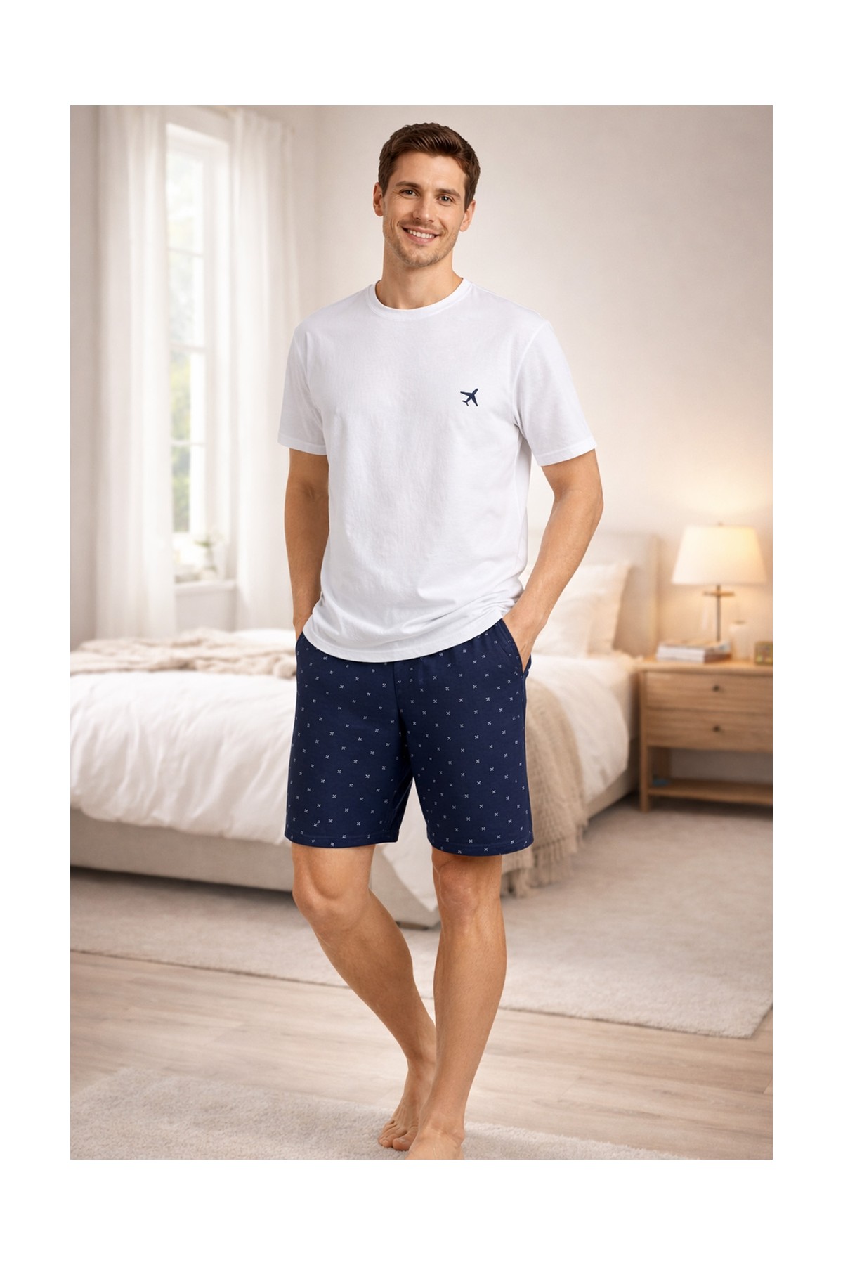 Koza İç Giyim Erkek Pamuklu Baskılı Cepli Şortlu Pijama Takımı Modern Desen