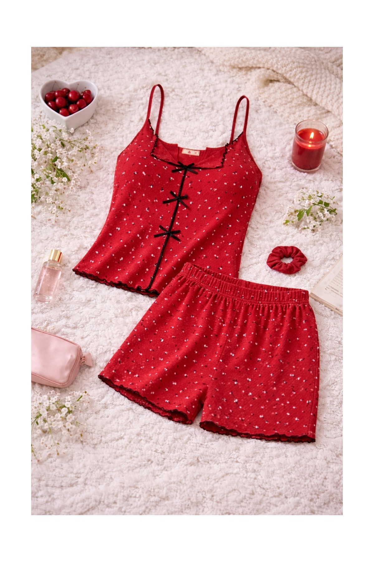 Koza İç Giyim Kadın Ince Askılı Fiyonklu Pamuklu Şortlu Pijama Takımı