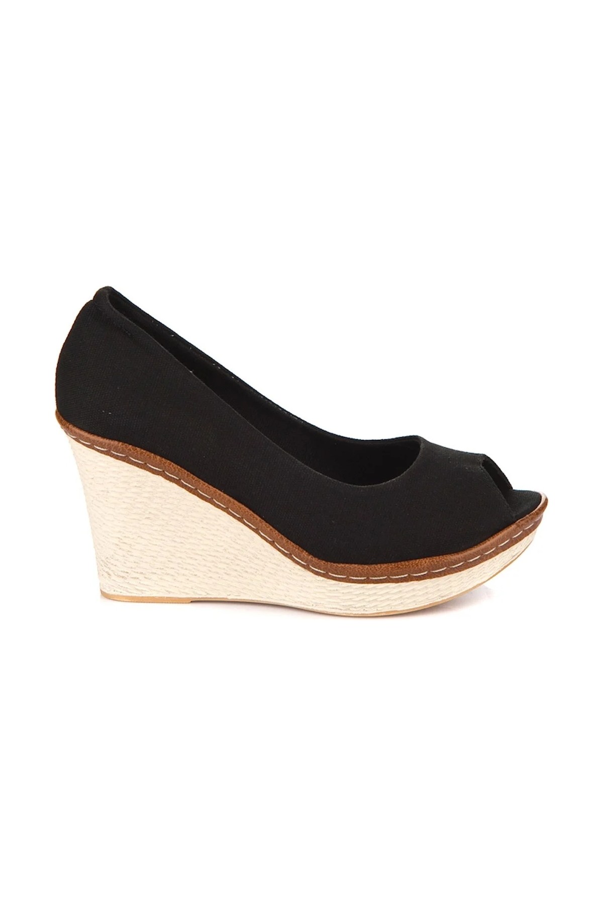 Fox Shoes Siyah Kadın Dolgu Topuklu Ayakkabı Keten Malzeme ile Orta Taban Tipi 9674040305 görsel 4
