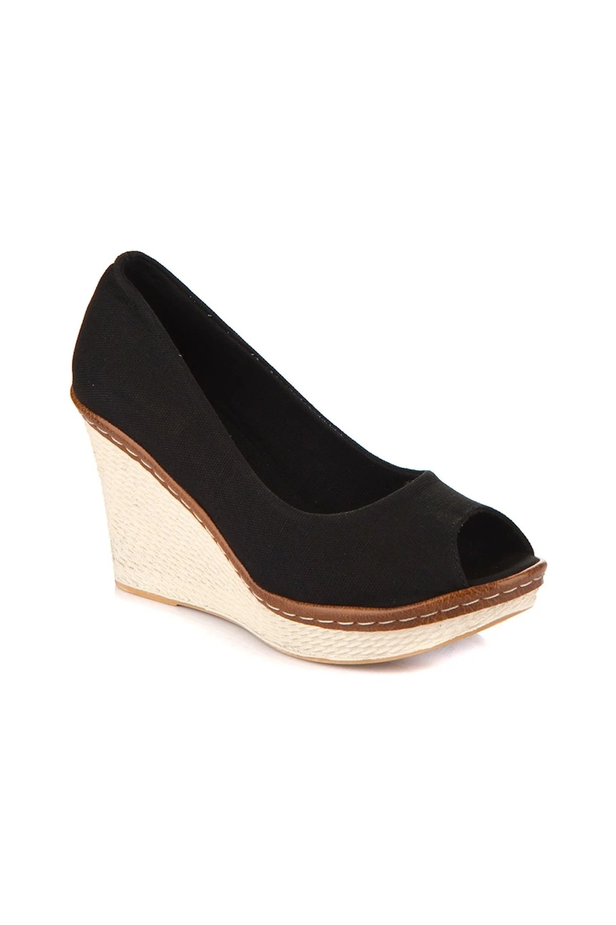 Fox Shoes Siyah Kadın Dolgu Topuklu Ayakkabı Keten Malzeme ile Orta Taban Tipi 9674040305 görsel 5