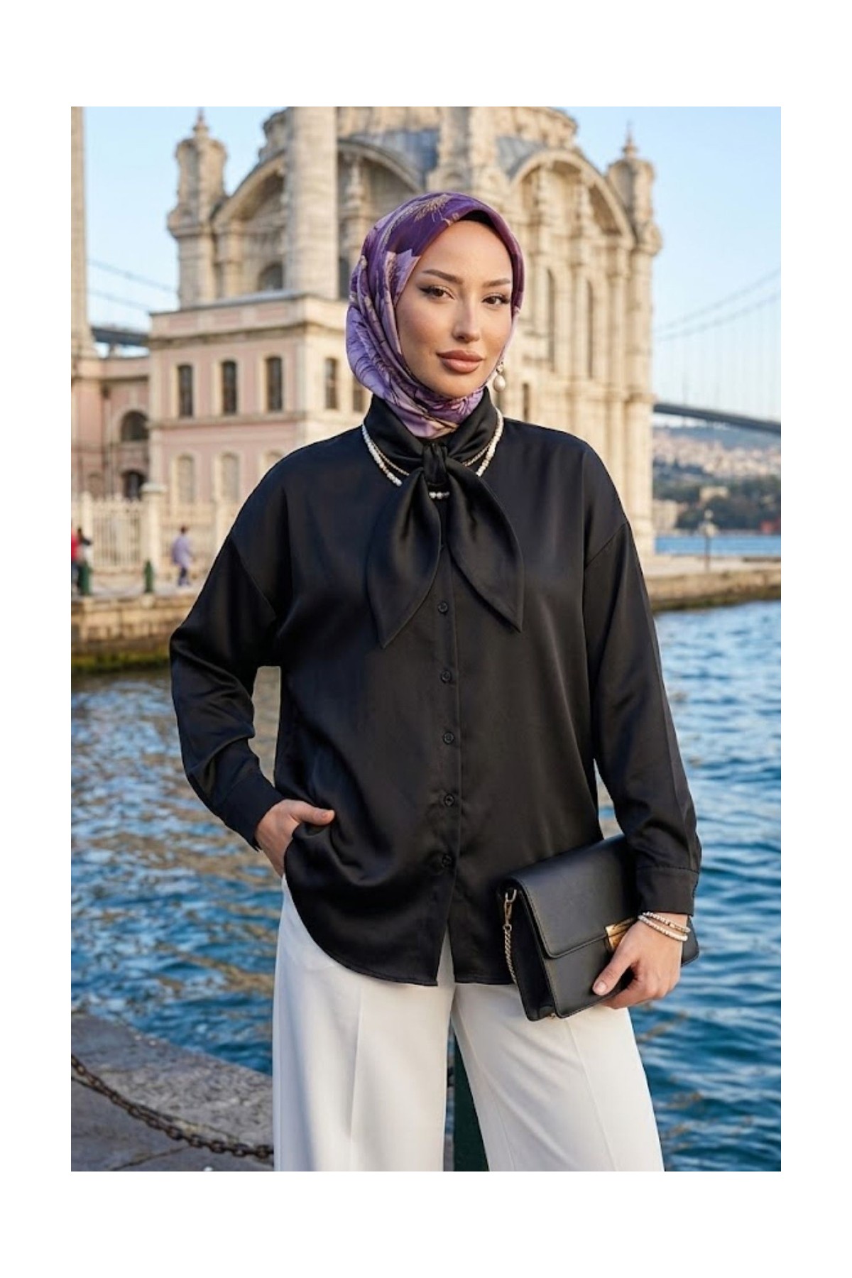 Miostil Yaka Detay Saten Tunik-Lacivert