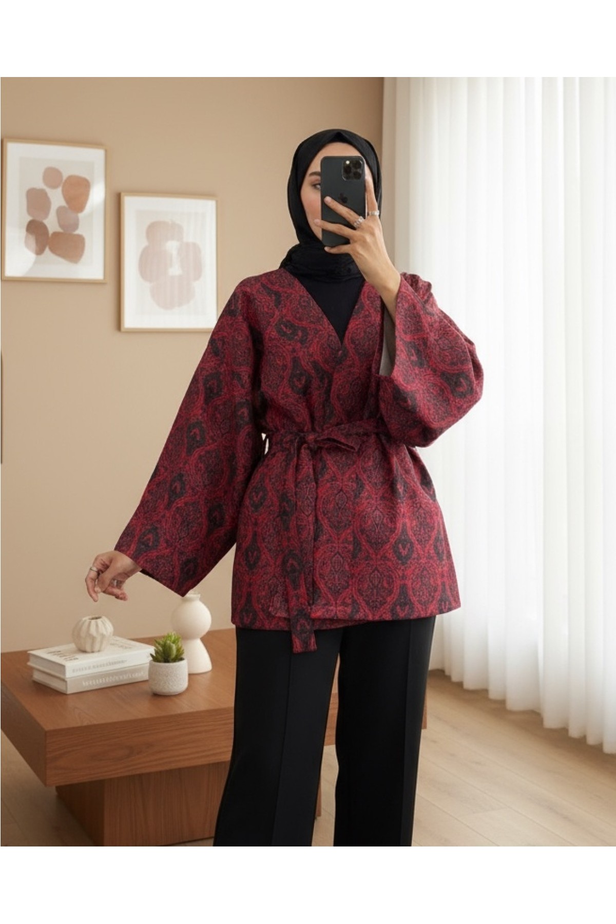 Moda Morfo Dijital Baskılı Beli Kemerli Kapitone Kimono -Laci görsel 4