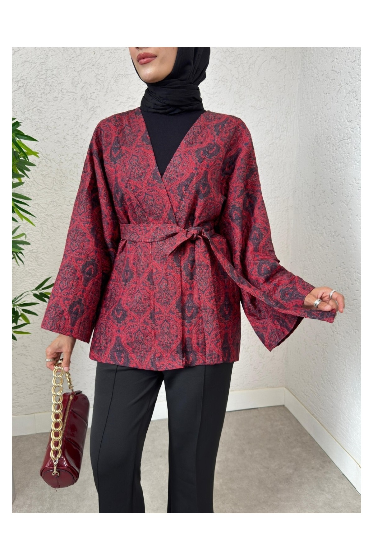 Moda Morfo Dijital Baskılı Beli Kemerli Kapitone Kimono -Laci görsel 5
