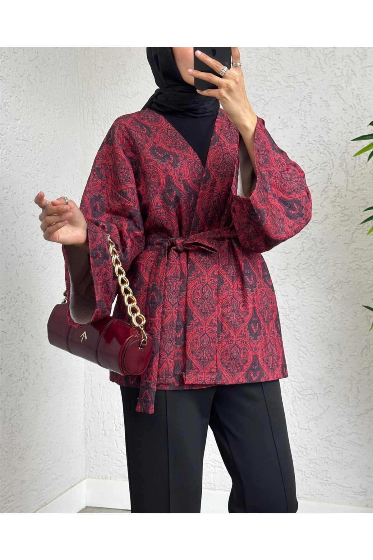 Moda Morfo Dijital Baskılı Beli Kemerli Kapitone Kimono -Laci görsel 6