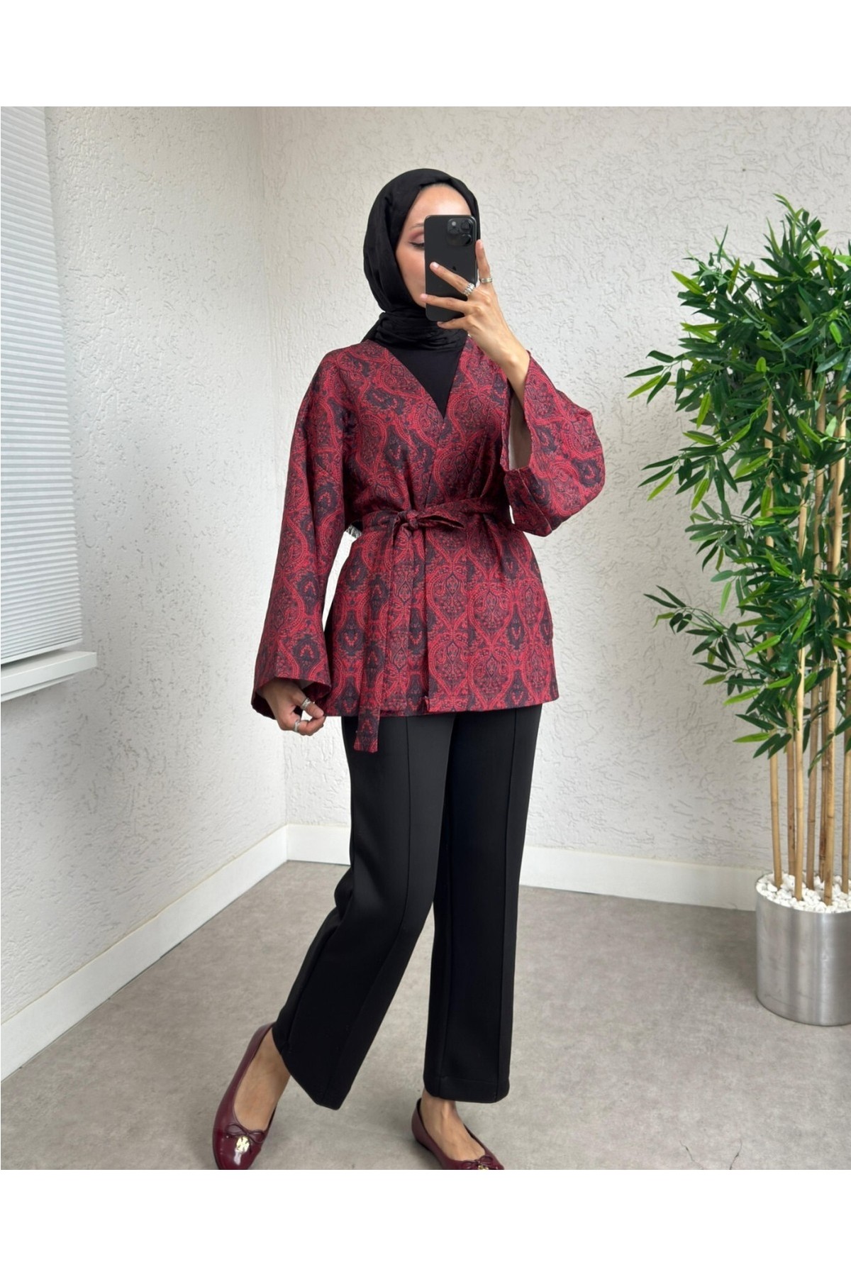 Moda Morfo Dijital Baskılı Beli Kemerli Kapitone Kimono -Laci görsel 7