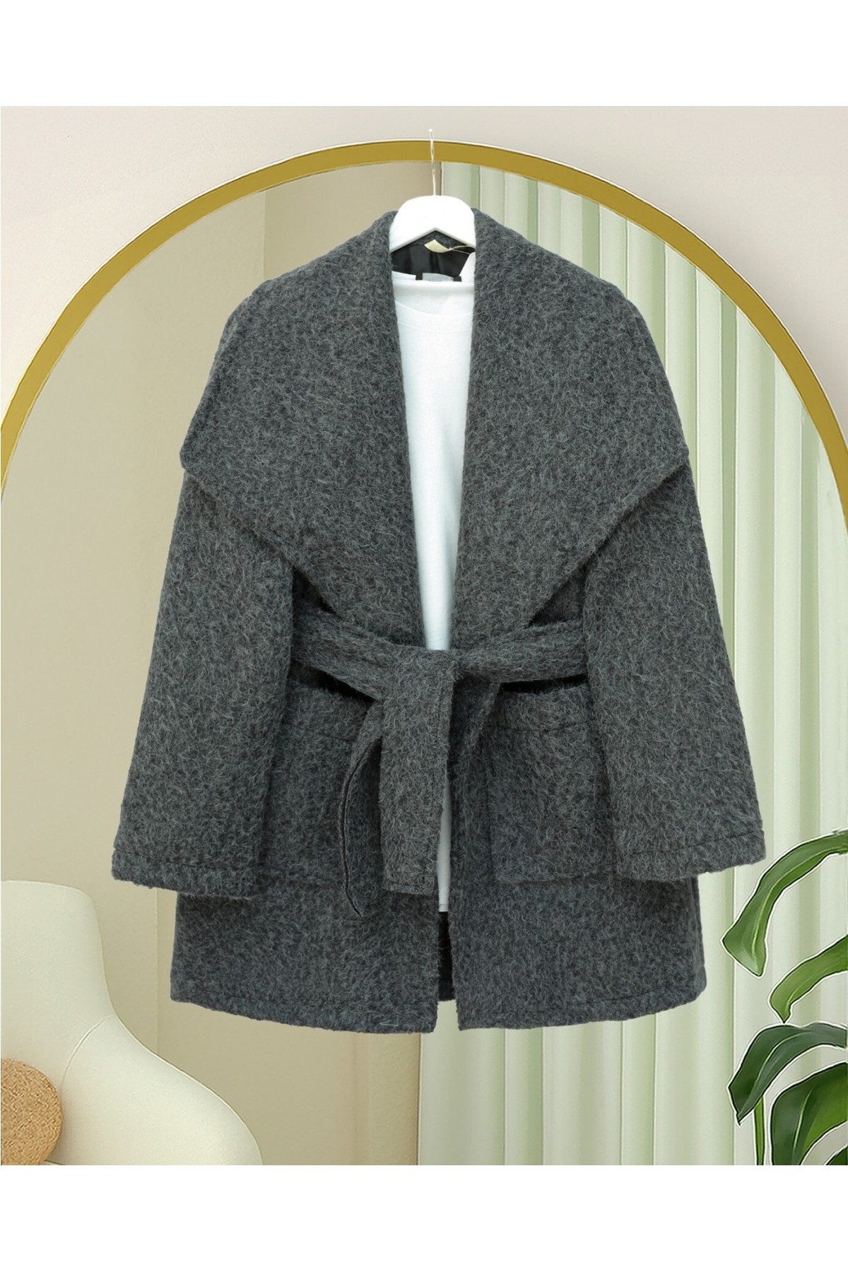 Moda Morfo Geniş Yakalı Beli Kemerli Cepli Kaşe Kaban -Bej görsel 6