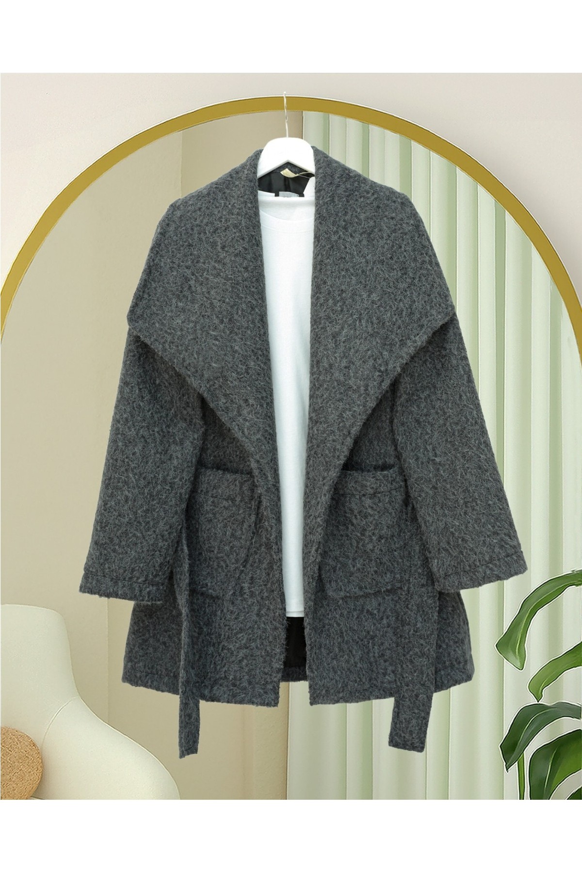 Moda Morfo Geniş Yakalı Beli Kemerli Cepli Kaşe Kaban -Bej görsel 8