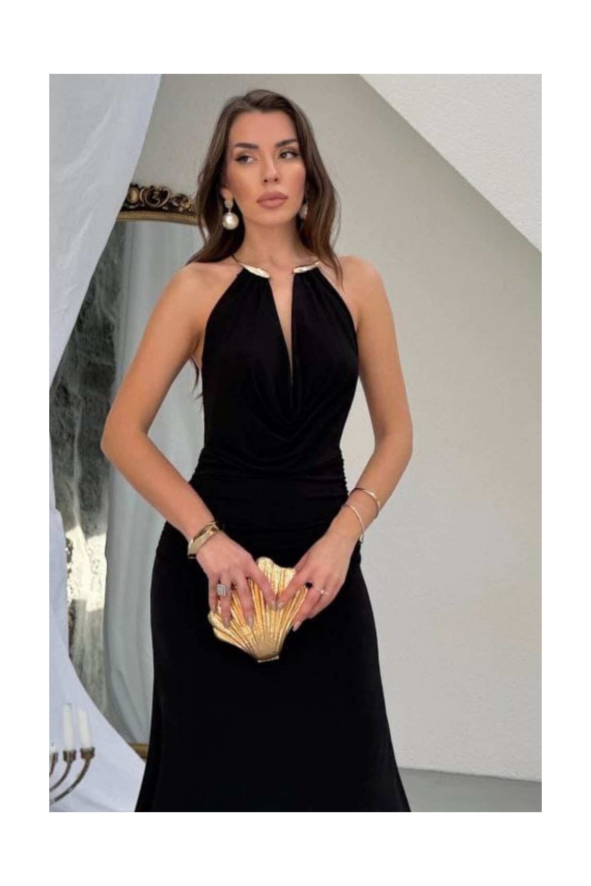 Zishan Fashion Sandy Kumaş Straplez & Halter Yaka Uzun Abiye Elbise - Dökümlü Bodycon Gece Elbisesi 10178