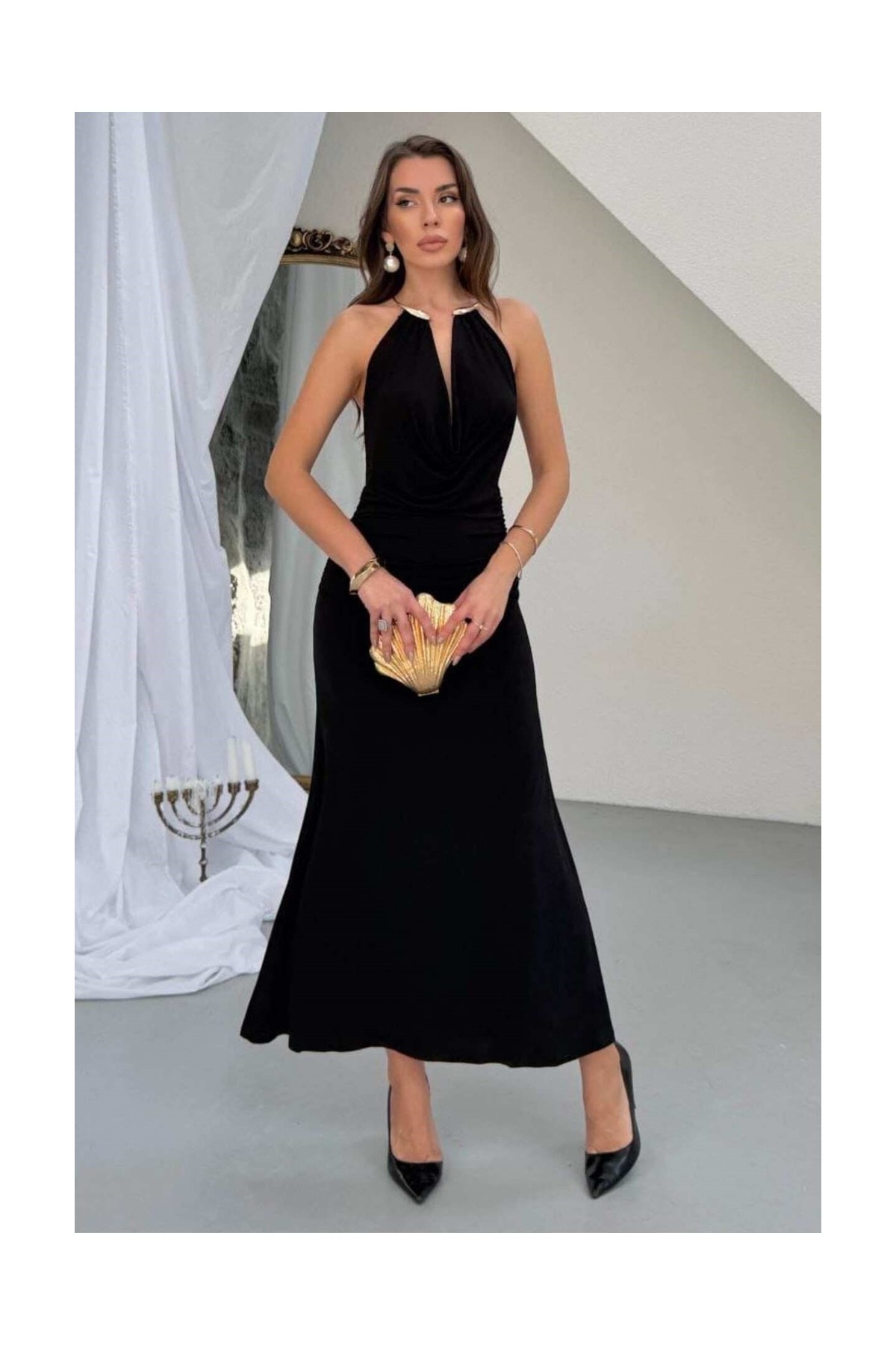 Zishan Fashion Sandy Kumaş Straplez & Halter Yaka Uzun Abiye Elbise - Dökümlü Bodycon Gece Elbisesi 10178 görsel 2