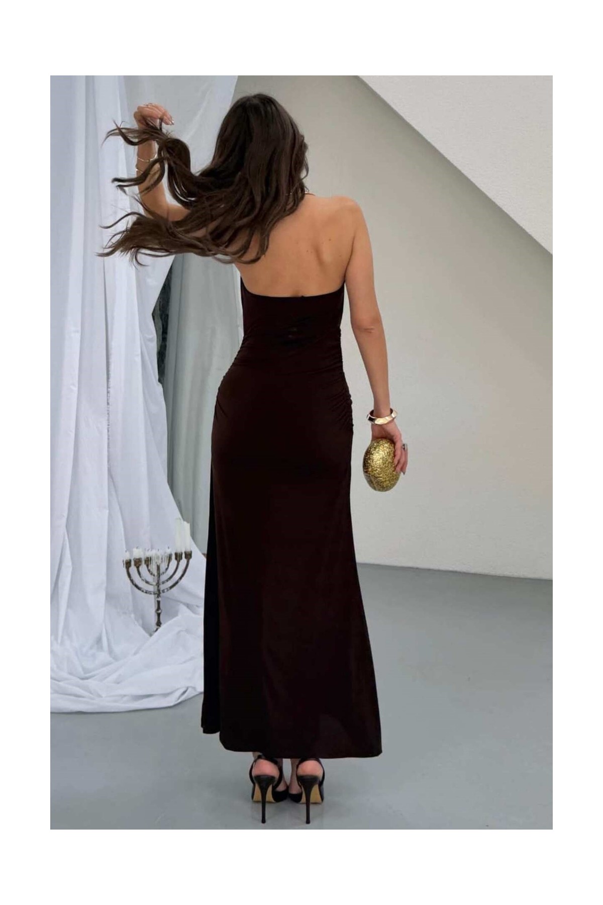 Zishan Fashion Sandy Kumaş Straplez & Halter Yaka Uzun Abiye Elbise - Dökümlü Bodycon Gece Elbisesi 10178 görsel 3