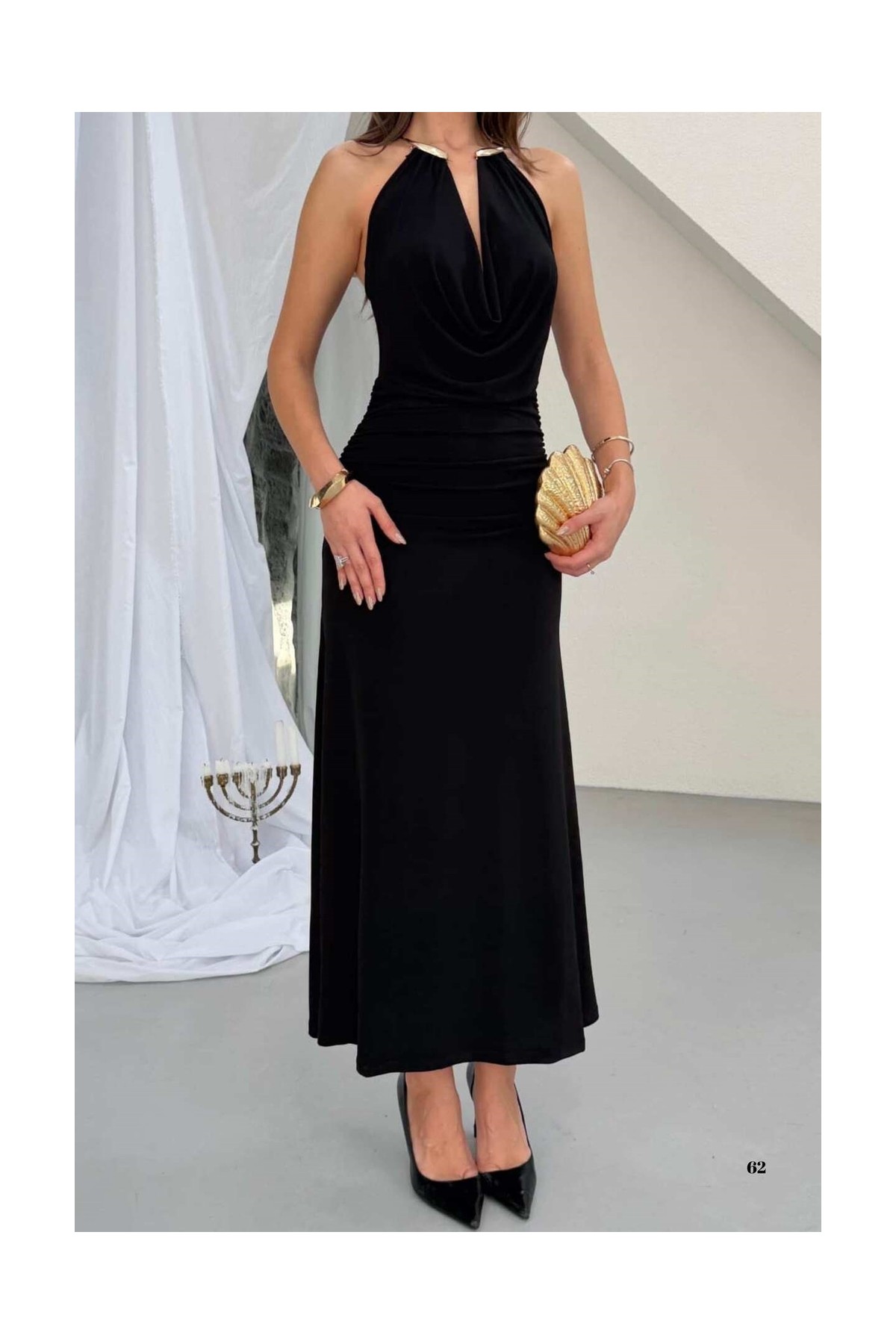 Zishan Fashion Sandy Kumaş Straplez & Halter Yaka Uzun Abiye Elbise - Dökümlü Bodycon Gece Elbisesi 10178 görsel 4