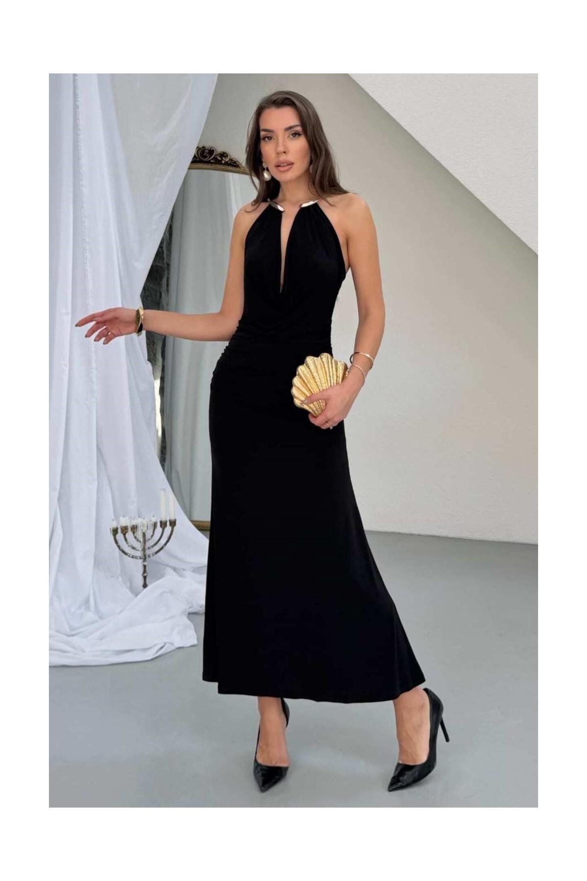 Zishan Fashion Sandy Kumaş Straplez & Halter Yaka Uzun Abiye Elbise - Dökümlü Bodycon Gece Elbisesi 10178 görsel 5