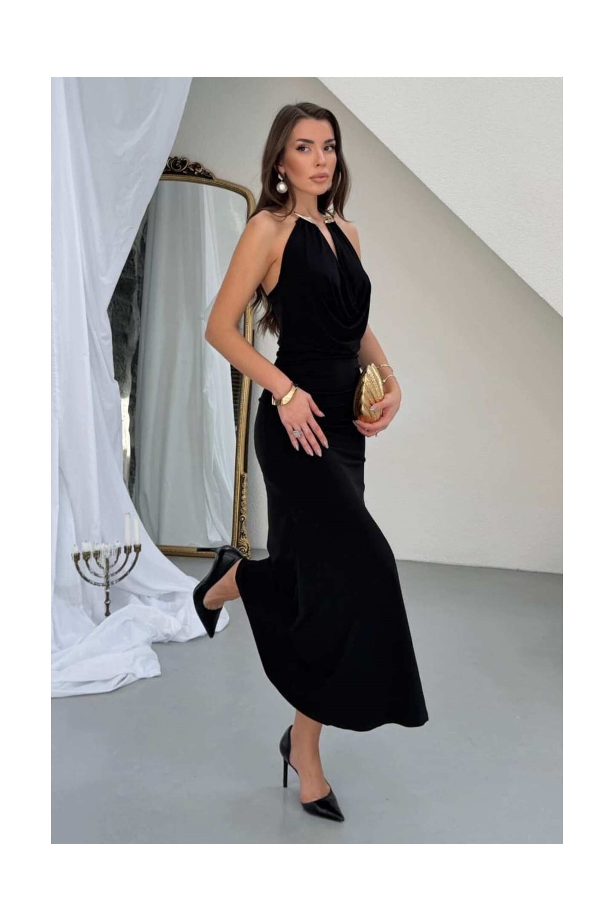 Zishan Fashion Sandy Kumaş Straplez & Halter Yaka Uzun Abiye Elbise - Dökümlü Bodycon Gece Elbisesi 10178 görsel 6